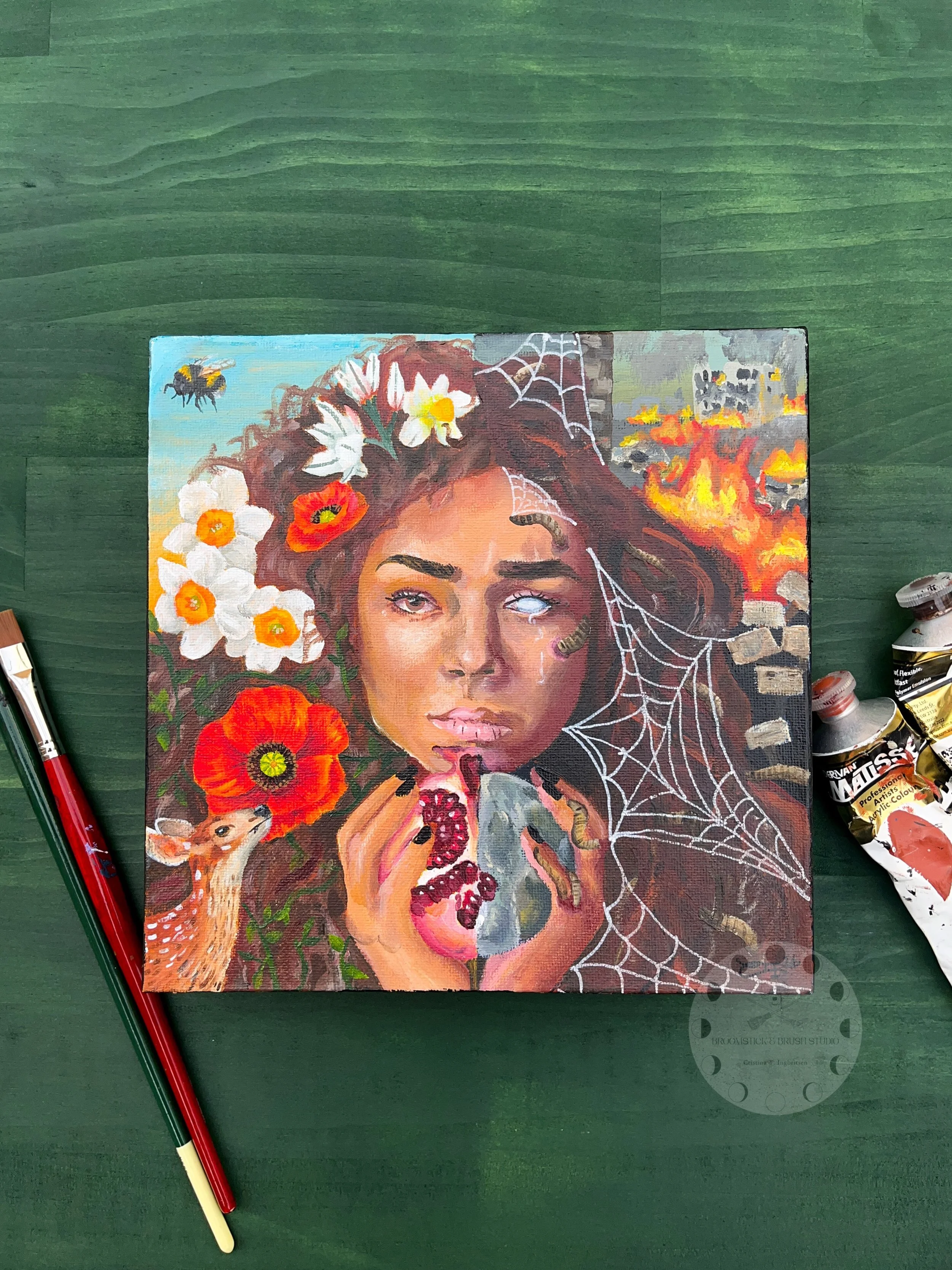 Persephone
Acrylic paint on cotton canvas with a matte varnish
8&rdquo;x10&rdquo;
2026

My entry for the @quietriot.prize (fingers crossed)!

Inspired by the Greek goddess of Spring and Queen of the Underworld, Persephone explores the contrast betwee