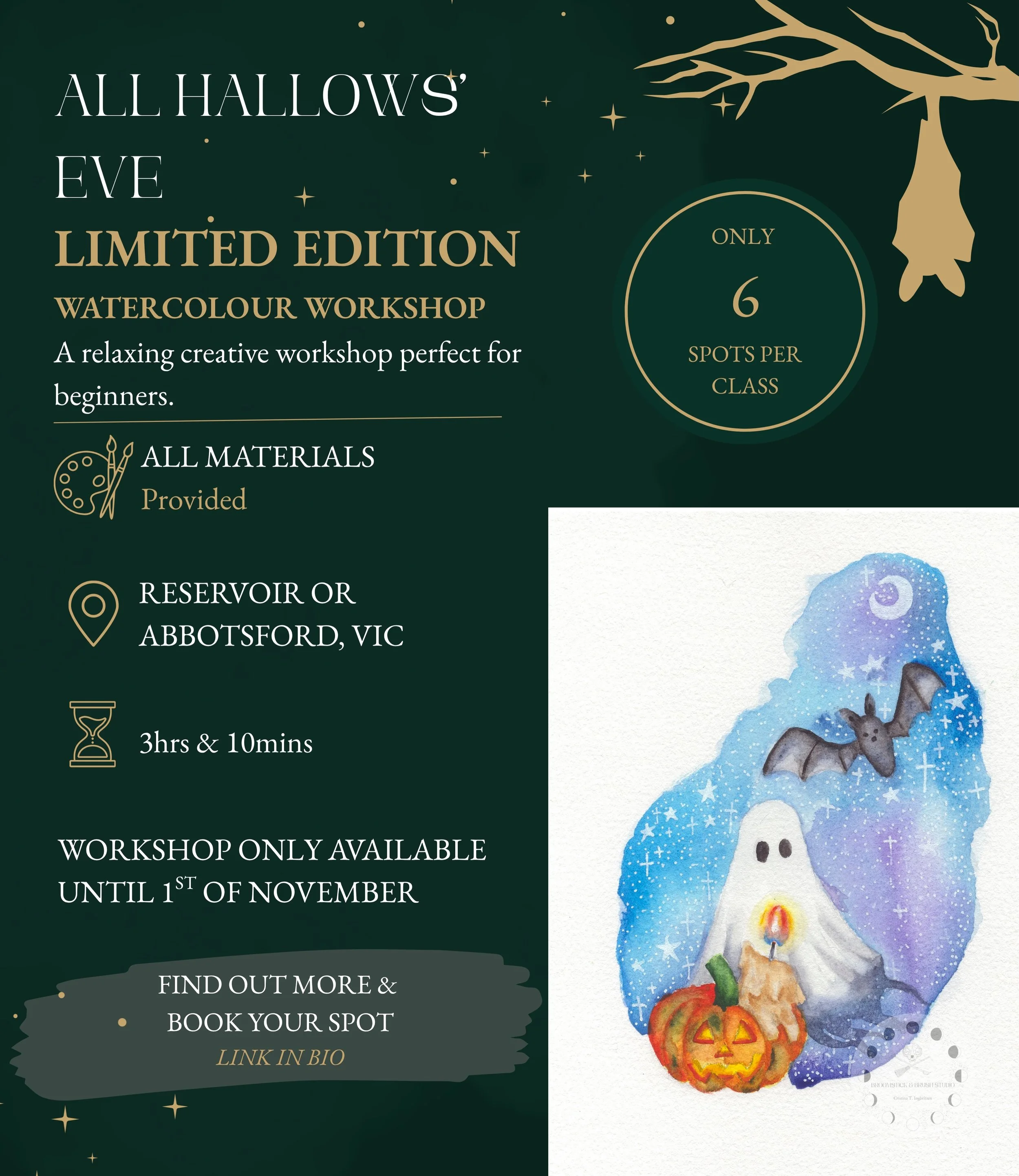 Booking link in bio

Not that many spots left for my &ldquo;All Hallows&rsquo; Eve&rdquo; watercolour workshop! Book now to ensure you secure your spot!
Not that many spots left for my other spooky October workshop, Deadly Botanicals!

If spooky vibe