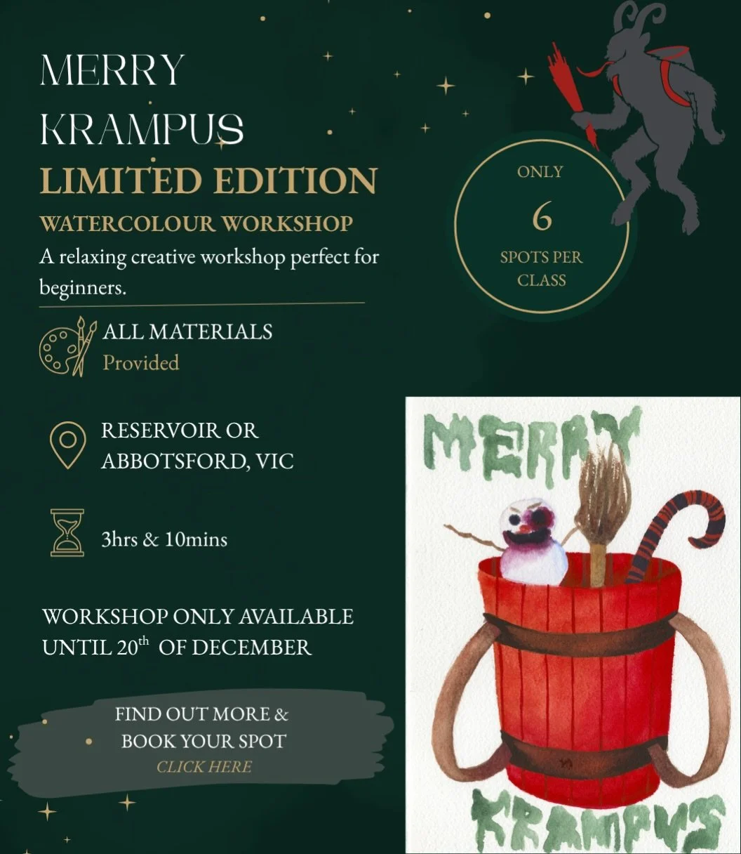 (Link in bio)

NEW LIMITED EDITION WORKSHOP

🔔🖤 MERRY KRAMPUS 🖤🔔

Naughty or nice? This Christmas, we&rsquo;re trading festive cheer for a little folklore, mischief, and darkly whimsical watercolour magic&hellip; 👹🎄

Join me for a 3-hour beginn