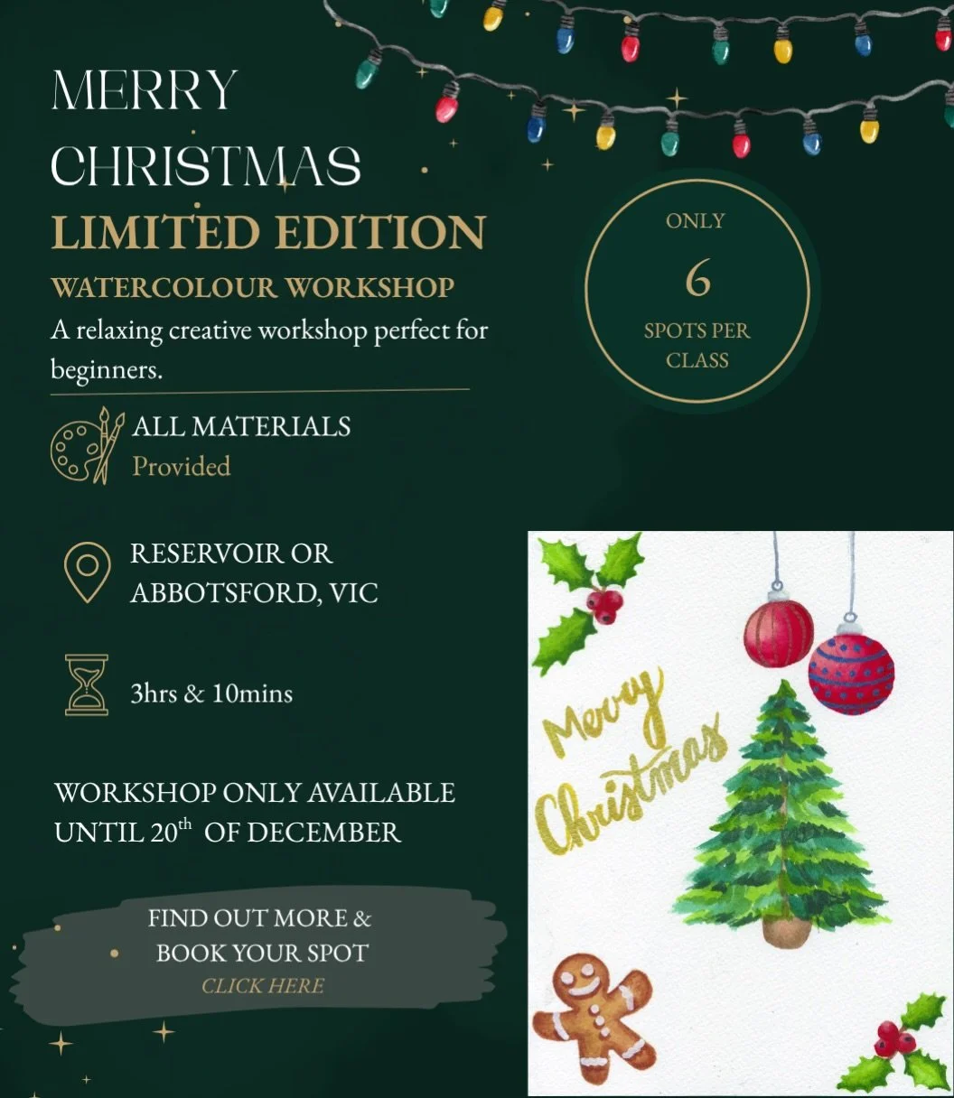 (Link in bio)

NEW LIMITED EDITION WORKSHOP

🎄✨ MERRY CHRISTMAS ✨🎄

It&rsquo;s time to add a little festive magic to your watercolour palette&hellip; ❄️🎨

Join me for a 3-hour beginner-friendly Christmas watercolour workshop where we&rsquo;ll expl