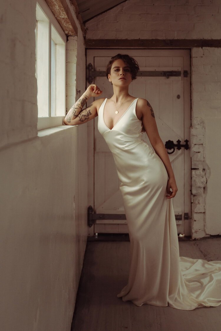 Ex Sample Now £650: Rolling in Roses, Faith dress 100% silk. Made in the UK