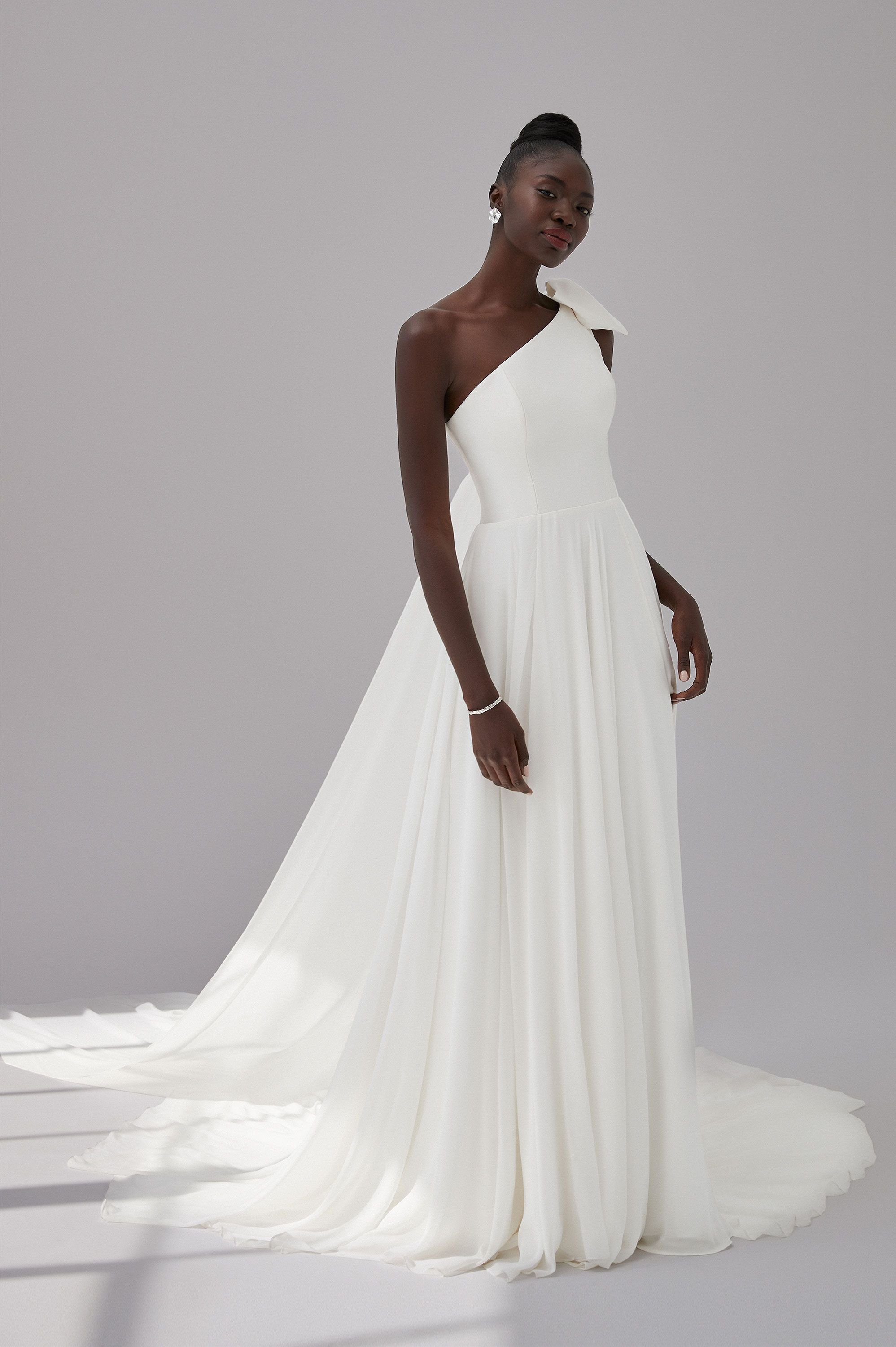 Gramercy by Justine Aleander, Mikado and Chiffon wedding dress with split in plus size. Buy online from & Wolf Bridal