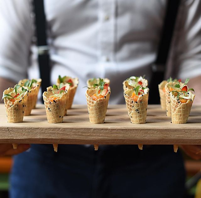 Such a delicious vegetarian canap&eacute;.....slow roast sweet potato, kimchee yoghurt, spring onions, coriander &amp; shredded radish.......served in our bespoke oak trays made by our awesome carpenter Peyo......photograph by the amazing @thegaztron