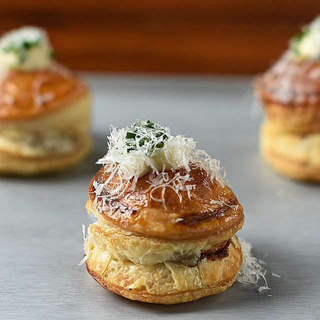 This delicious canap&eacute; was created as the first bite for a really relaxed Italian feast.......wild mushroom, caramelised onion &amp; Parmesan pastries, truffle pecorino, celeriac pur&eacute;e and chives. These are the ultimate comfort food cana