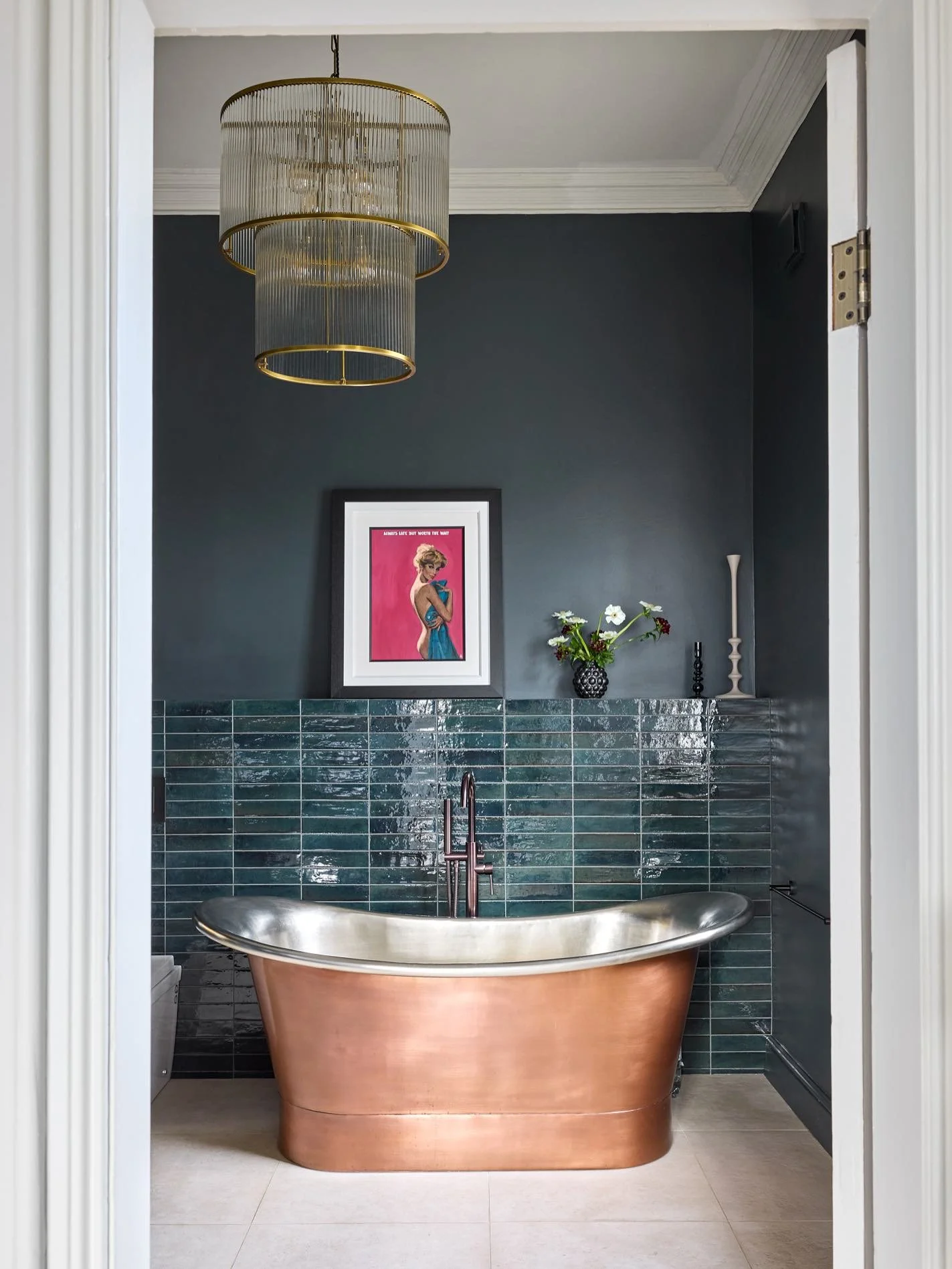 The Park House Master bedroom,  En-suite 

This space dark was designed to feel cocooning and cosy, perfect for a lazy candle lit bath. The moody tones connect with those in the bedroom. The beautiful freestanding copper bath creates a focal point an