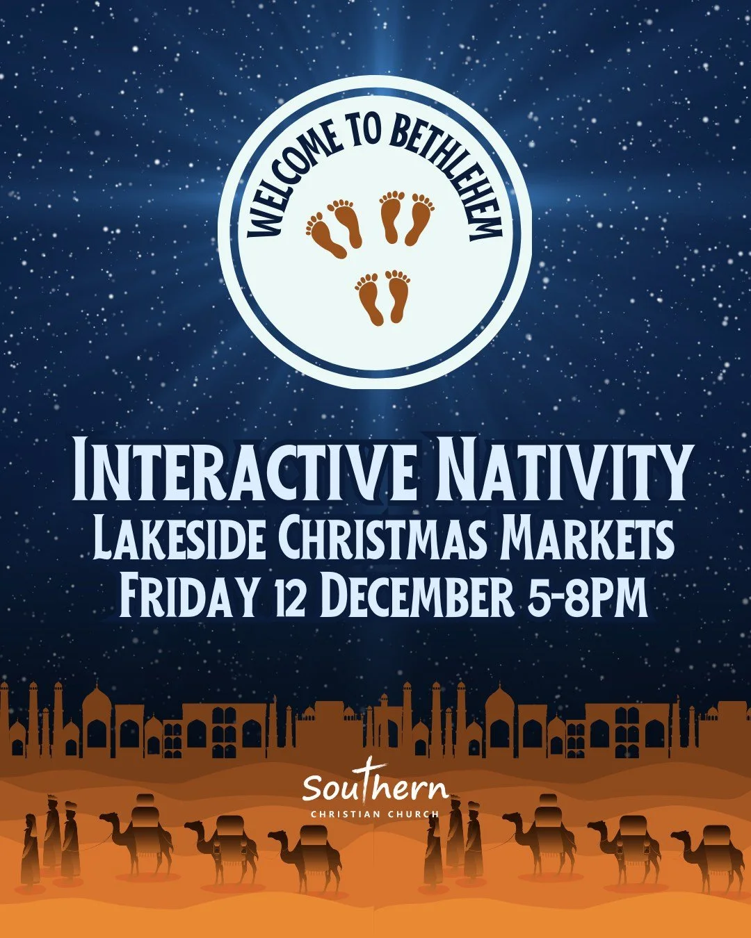 Come visit Bethlehem! 🐫👑🐑👼
Meet the wise men, shepherds and baby Jesus at our interactive nativity this Friday at Lakeside Christmas Markets.
www.southern.org.au/nativity
.
Check out @lakeside.lightning  for more information about the market stal