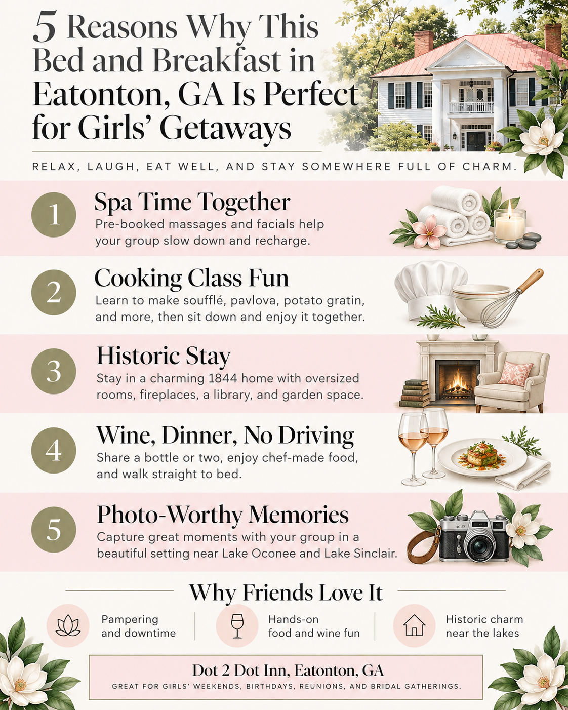 5 Reasons Why This Bed and Breakfast in Eatonton, GA Is Perfect for Girls’ Getaways infographic