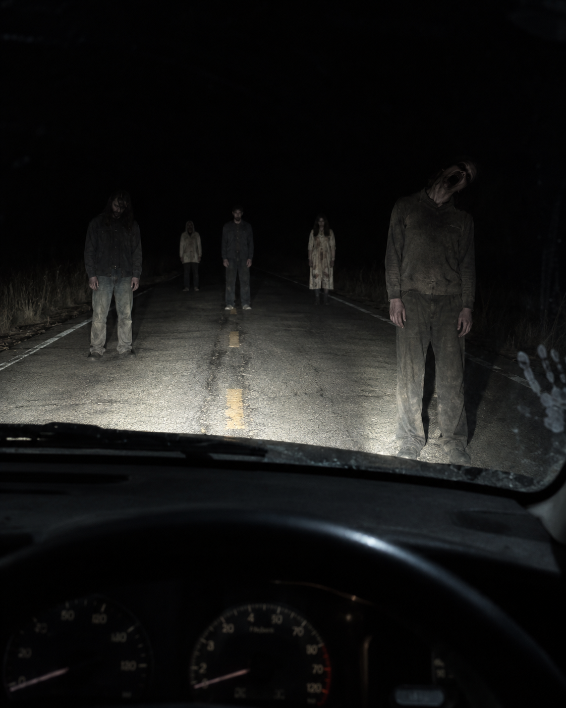 Five motionless figures block a dark rural road in a car’s headlights; a pale handprint marks the windshield.