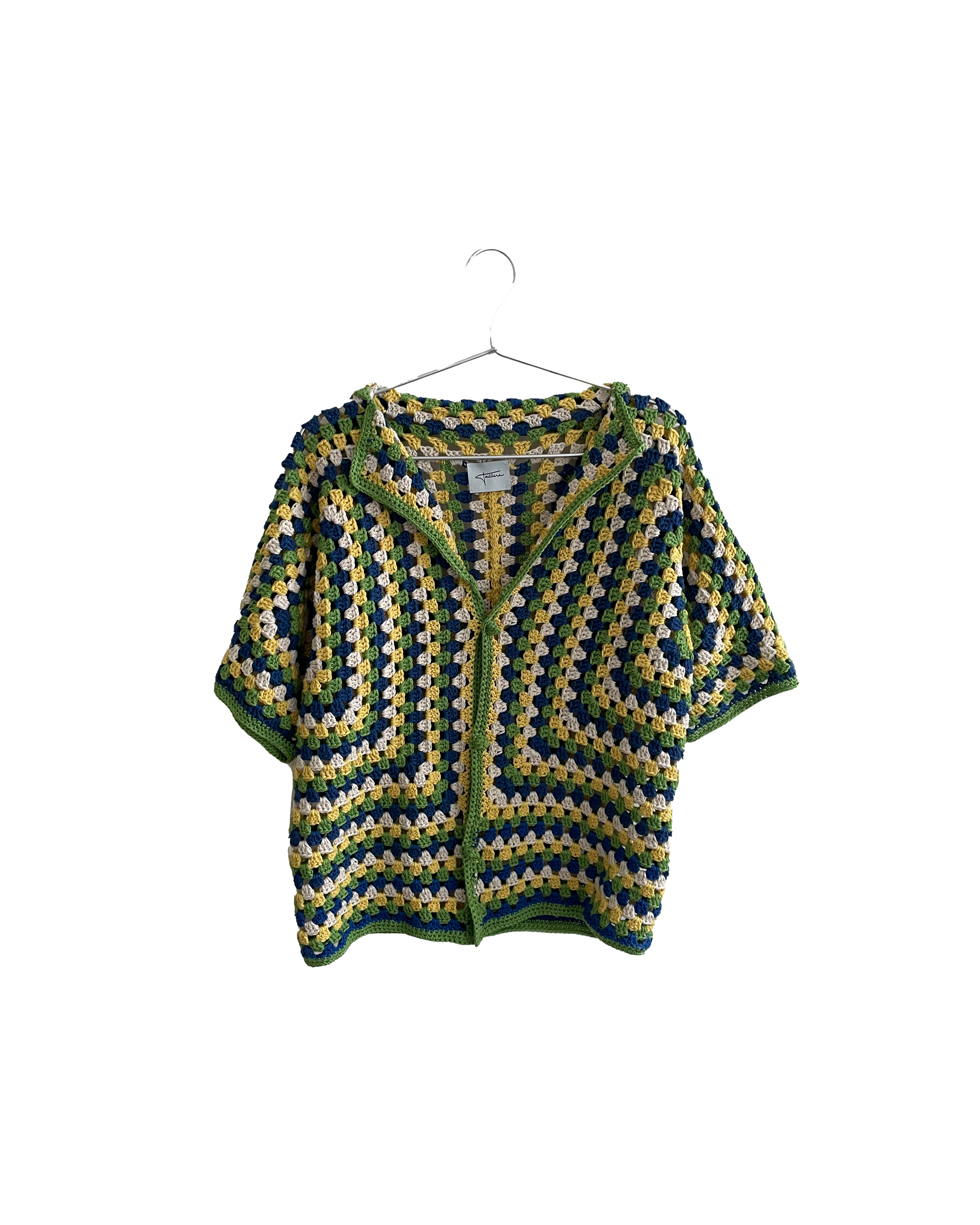 cropped crochet collared shirt – blue, green, yellow, cream