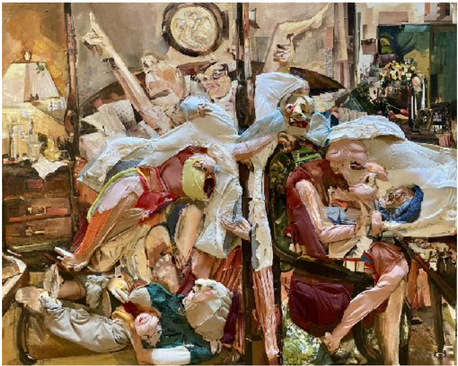  Halley Zien&nbsp;  Baby Won’t Sleep &nbsp;   oil, collage, recycled fabrics on panel  48 x 60 in  2022 