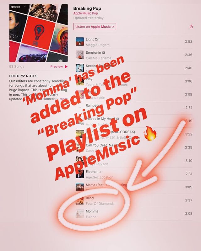 Thank you @AppleMusic for adding &lsquo;Momma&rsquo; to your &ldquo;Breaking Pop&rdquo; Playlist!  Come give the song a spin and add it to your library! ✨Link in Bio✨