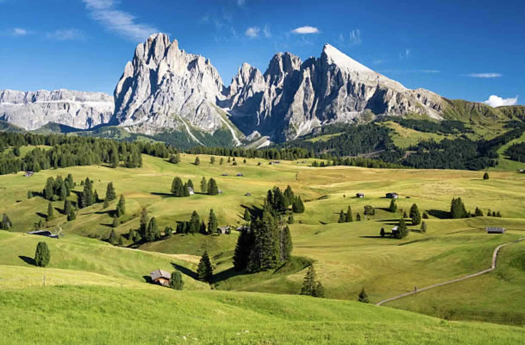 The Alpe di Siusi plateau, the largest alpine meadow in Europe, under Dolomite peaks