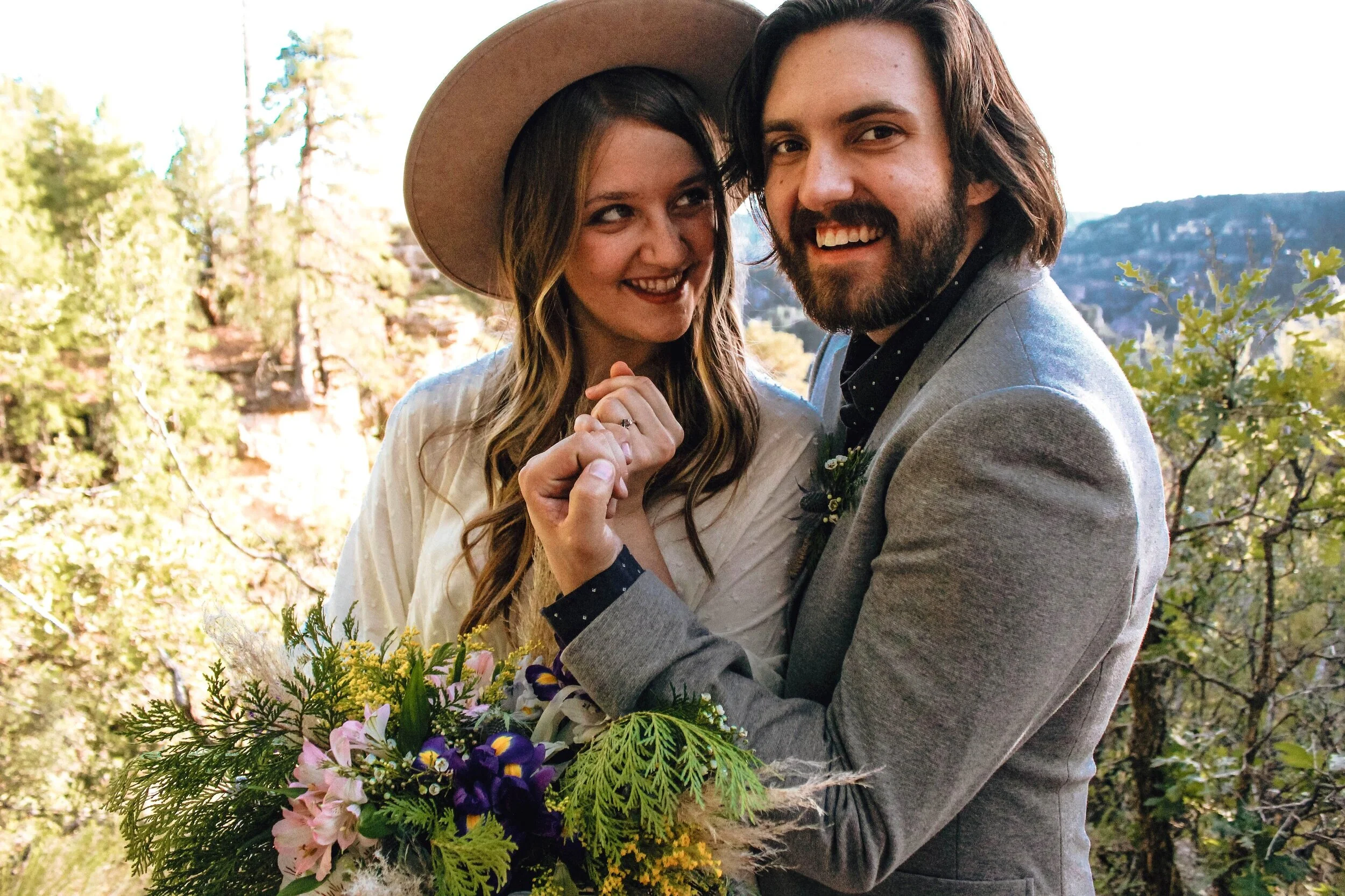 bride and groom with cottagecore bouquet