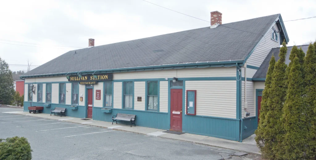The front of Sullivan Station restaurant facing Railroad Street in Lee, Massachusetts. The former New York New Haven and Hartford rail station and subsequently a restaurant has been acquired by Eagle Mill developer Jeffrey Cohen.