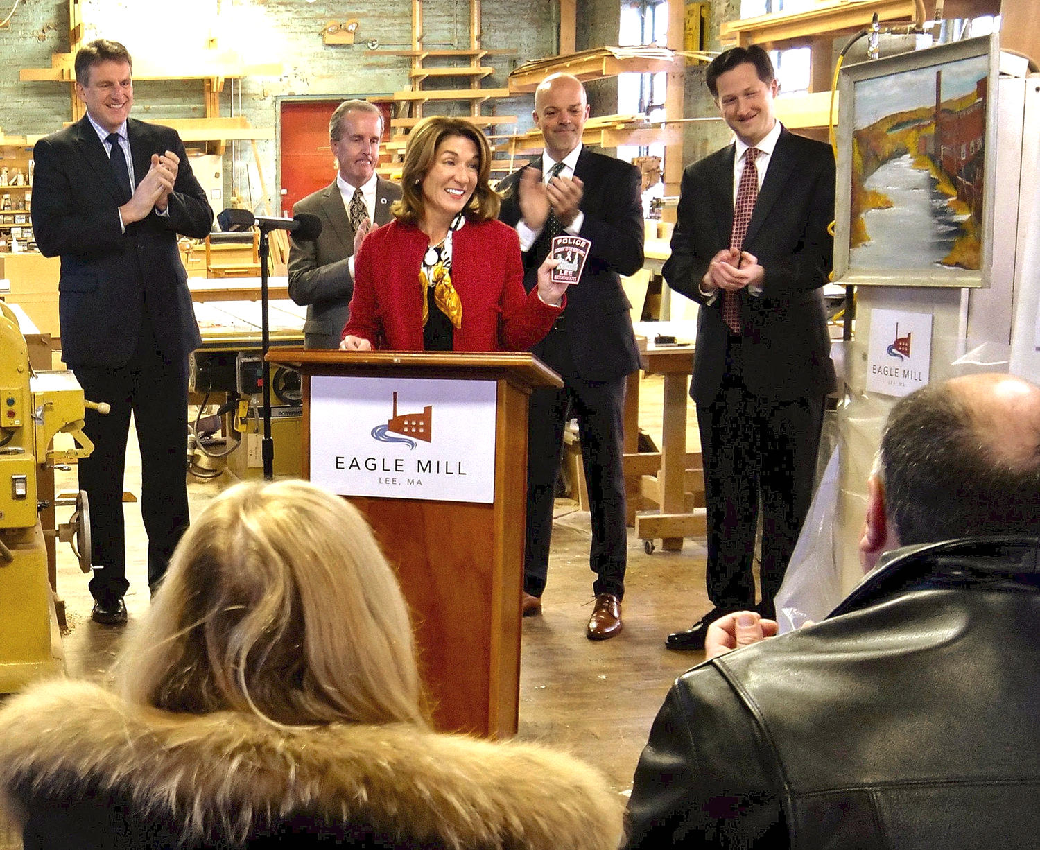 Lt. Gov. Karyn Polito announces a $4.9 million MassWorks Infrastructure Program grant early Thursday at the Eagle Mill in Lee. Behind her, from left, are state Housing and Economic Development Secretary Jay Ash, state Rep. William "Smitty" Pignatelli, D-Lenox, state Sen. Adam Hinds, D-Pittsfield, and Lee-Lenox Chief Administrative Officer Chris Ketchen.
