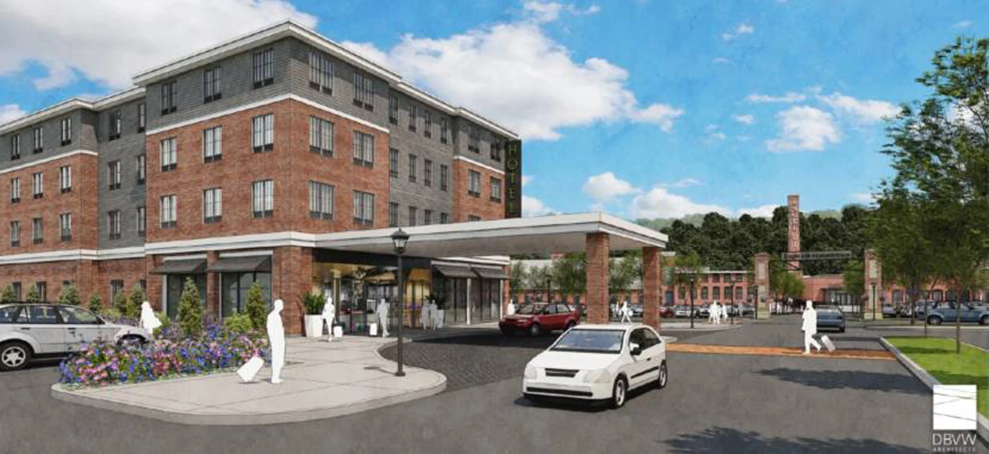 A conceptual rendering offers a view of the proposed hotel on the south side of West Center Street in Lee. The illustration does not represent a final design. IMAGE PROVIDED BY EAGLE MILL REDEVELOPMENT LLC