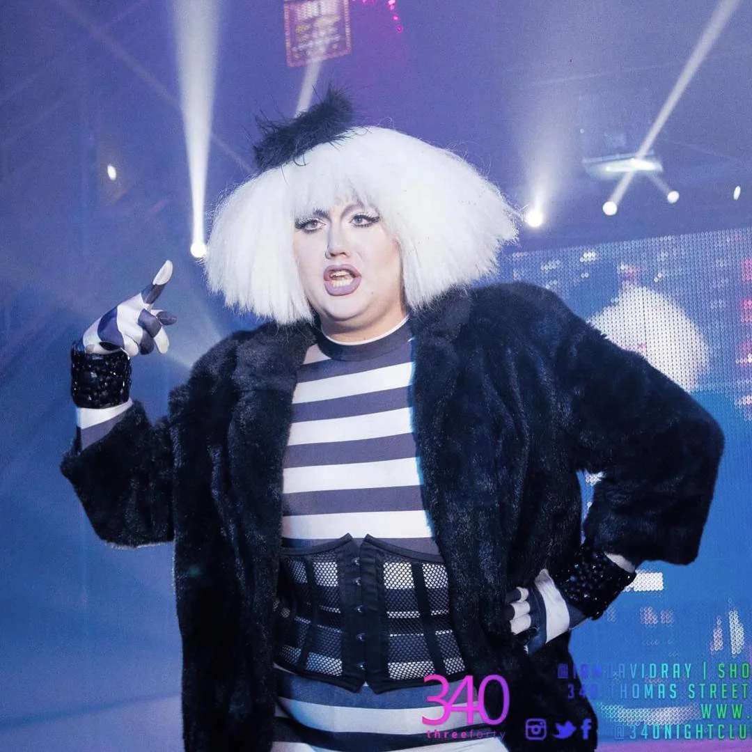 Drag Queen Delilah Domino looking Beetle-Juicy in our black and white striped jumpsuit (via @delilah_domino on Instagram)