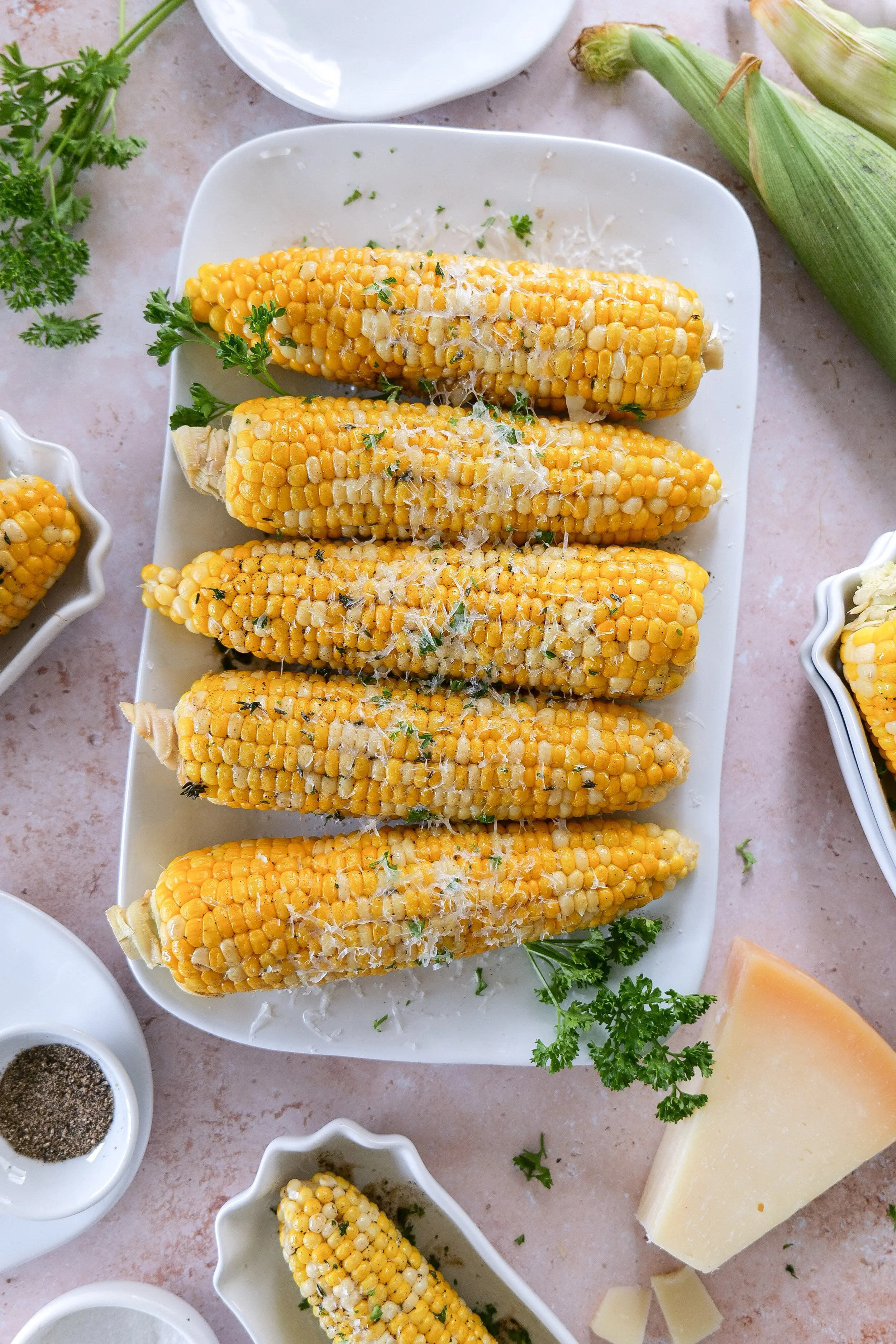 Corn on the cob displayed on a patriotic Fourth of July tablescape