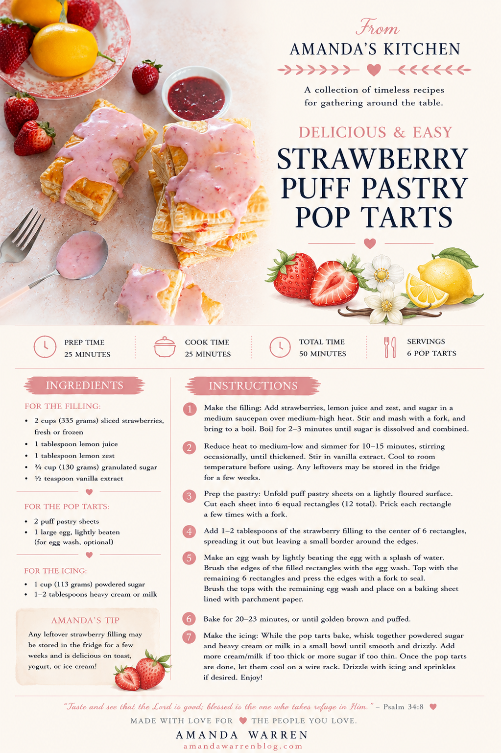 Homemade strawberry puff pastry pop tarts filled with fresh strawberry filling and topped with a sweet strawberry glaze, served with fresh strawberries and lemons.