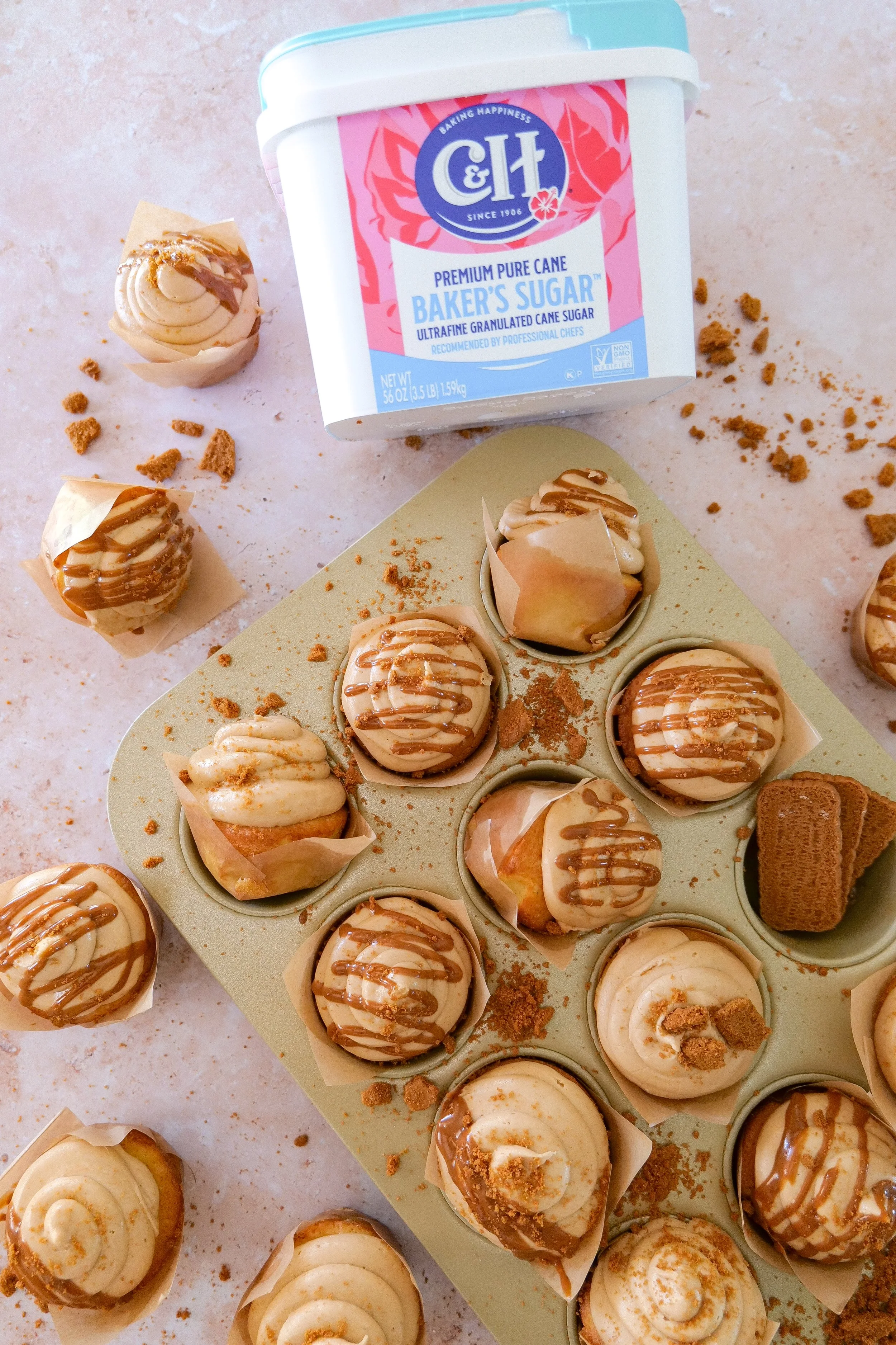 Cookie butter cupcakes with a soft cupcake base and creamy cookie butter frosting