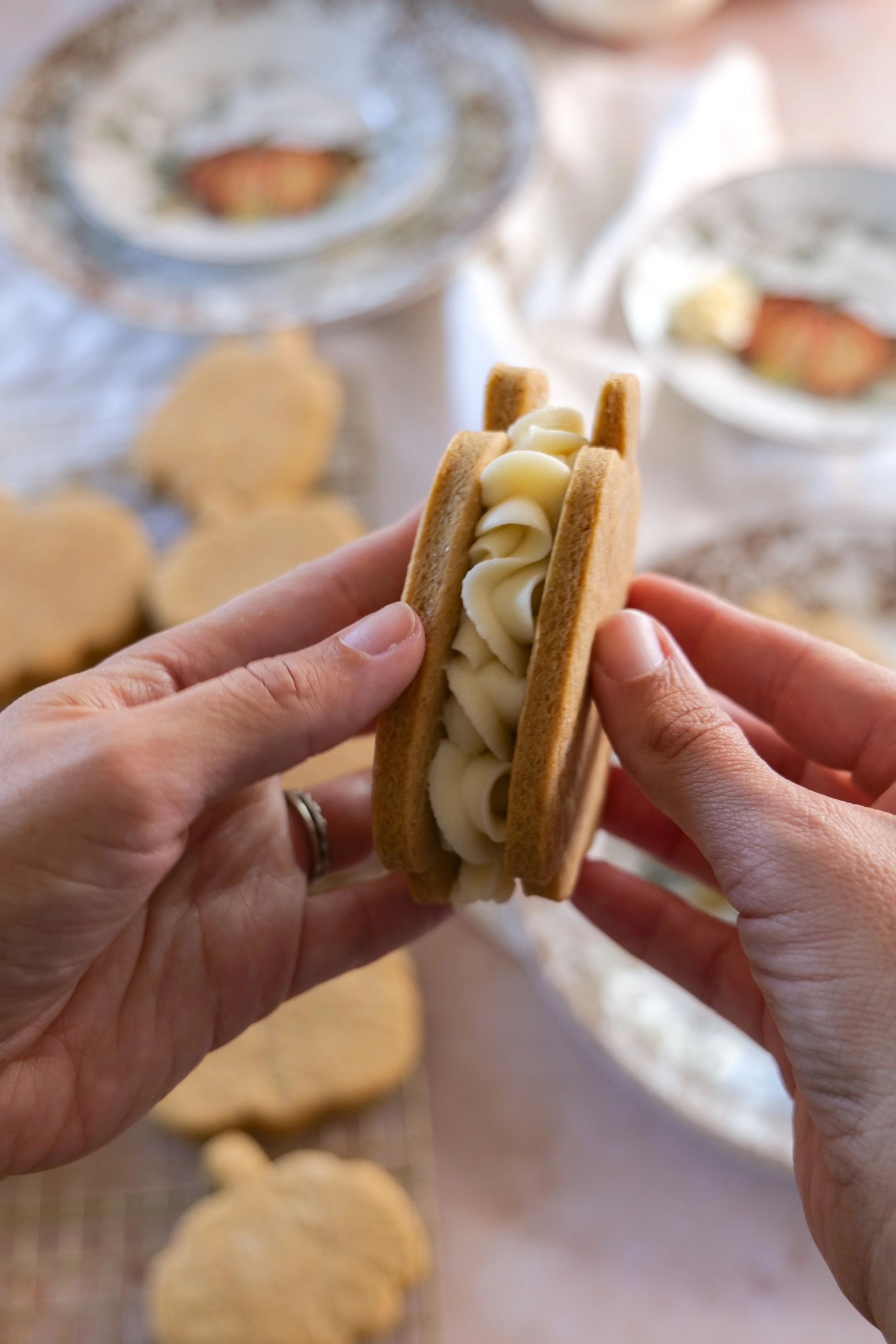 Brown butter pumpkin sandwich cookies served as a fall dessert