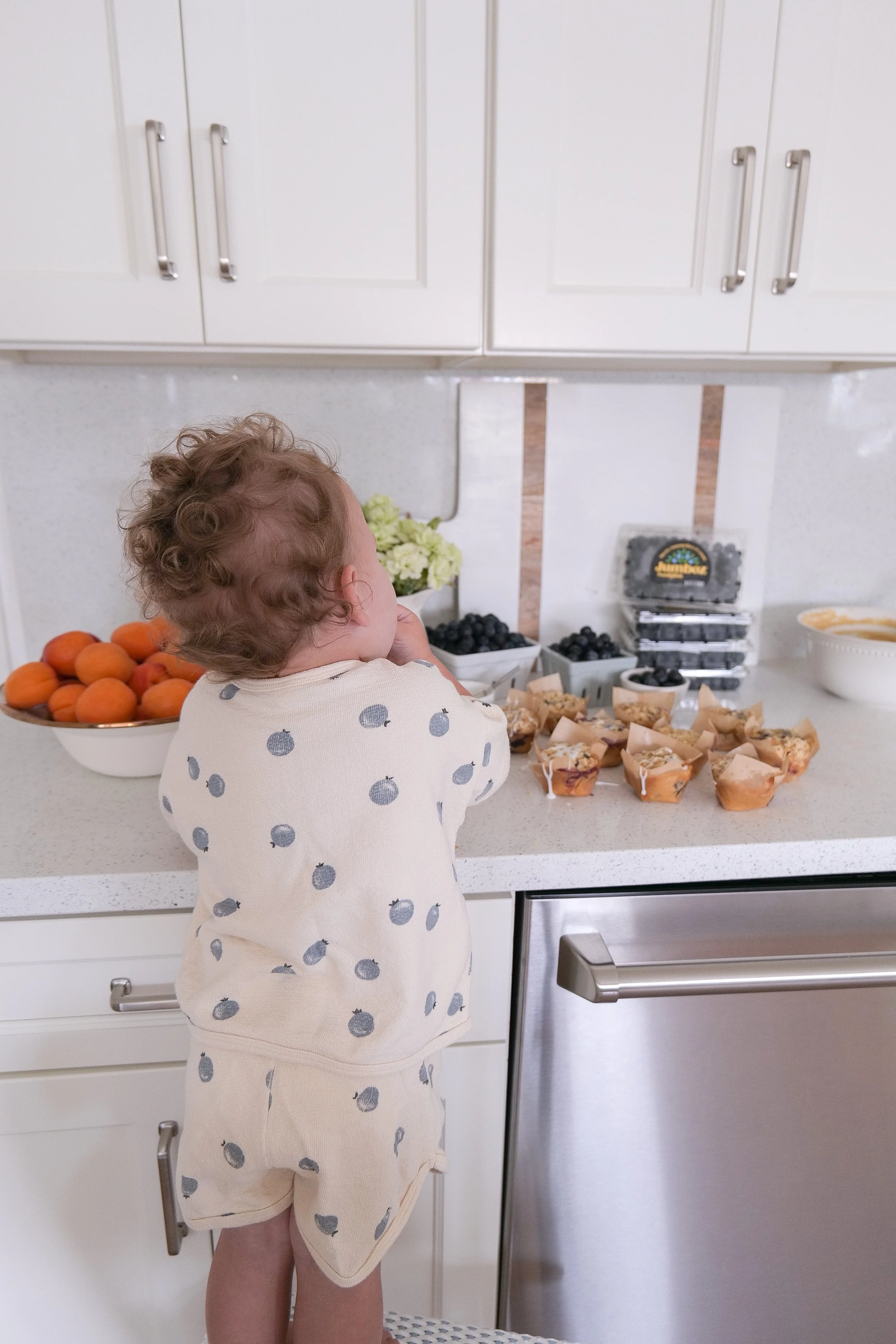 Young child enjoying a homemade blueberry apricot streusel muffin during breakfast.