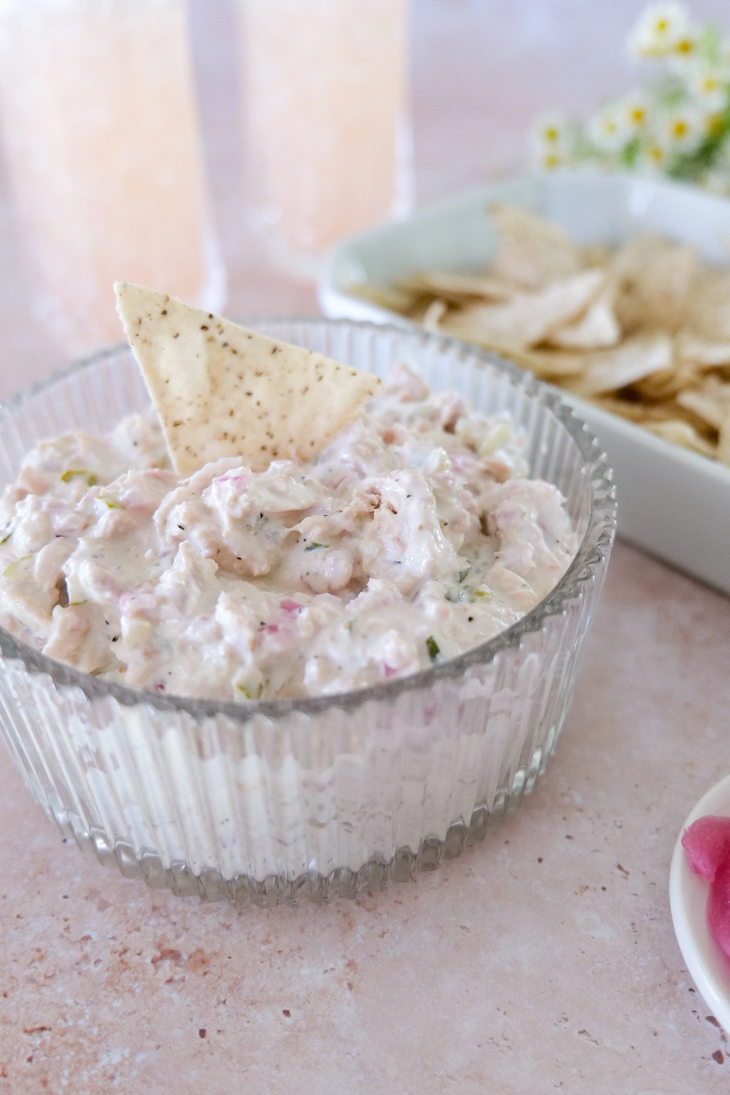 Tuna pickle dip with hot pickles and pickled onions