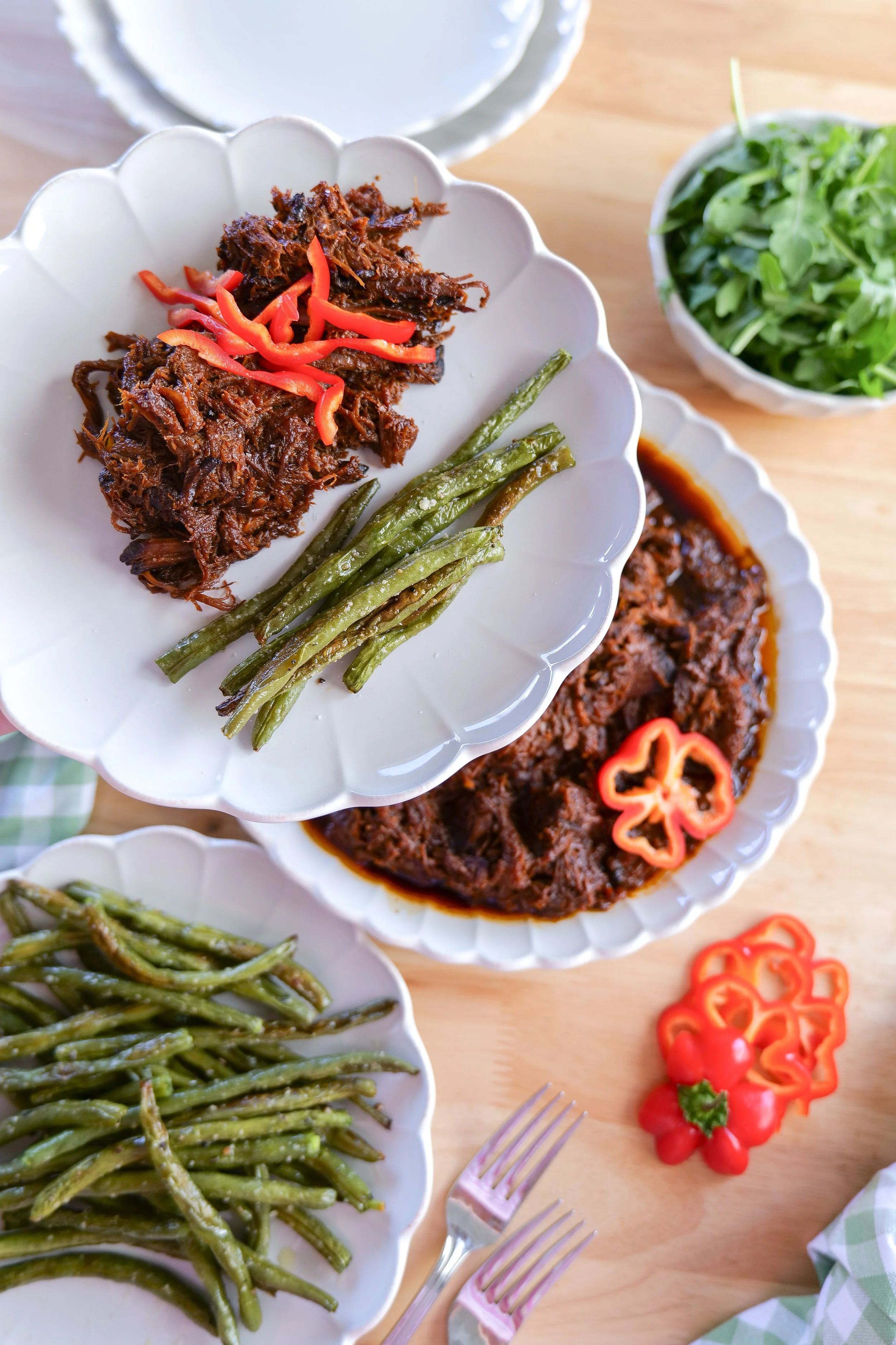 Homemade slow cooker BBQ brisket shredded and ready to serve.