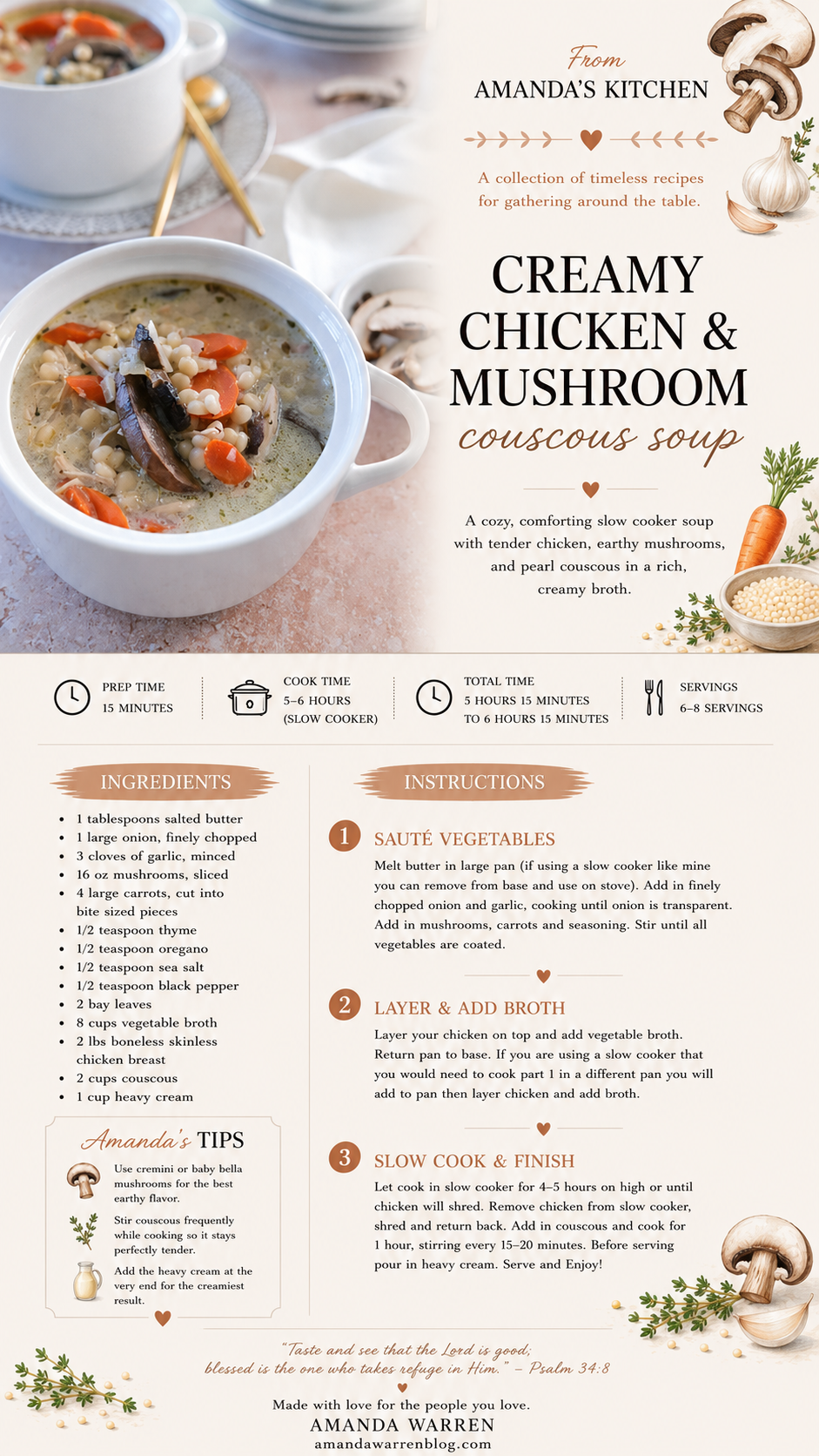 creamy chicken mushroom slow cooker soup recipe card