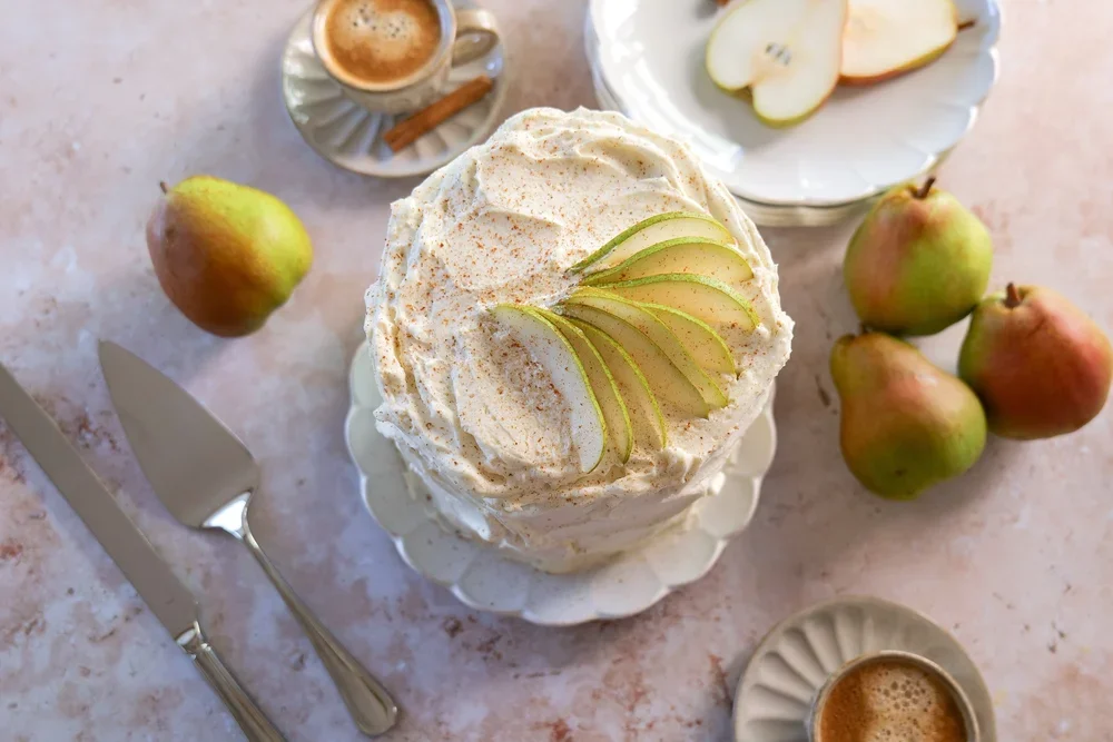 Brown Butter Pear Cake with Spiced Pear Filling &amp; Vanilla Mascarpone Cream