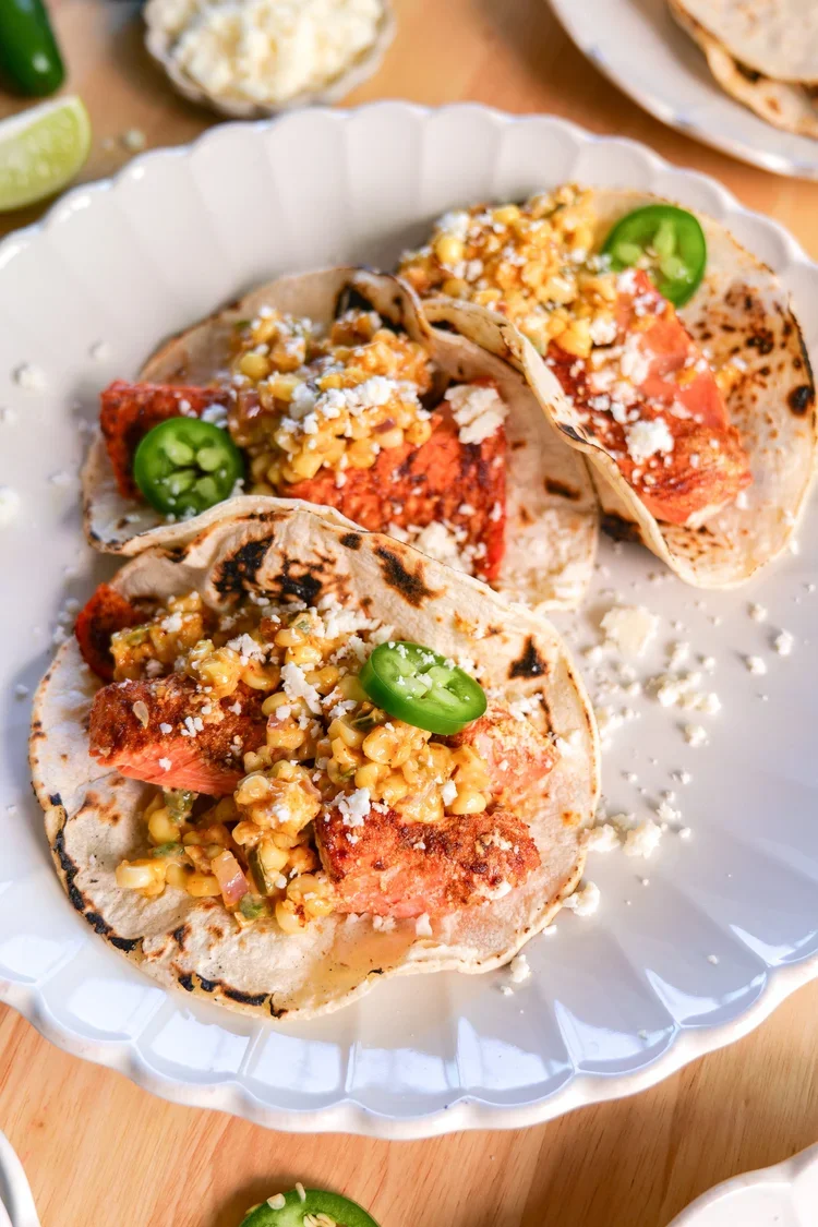 Salmon Tacos with Elote Corn Salsa