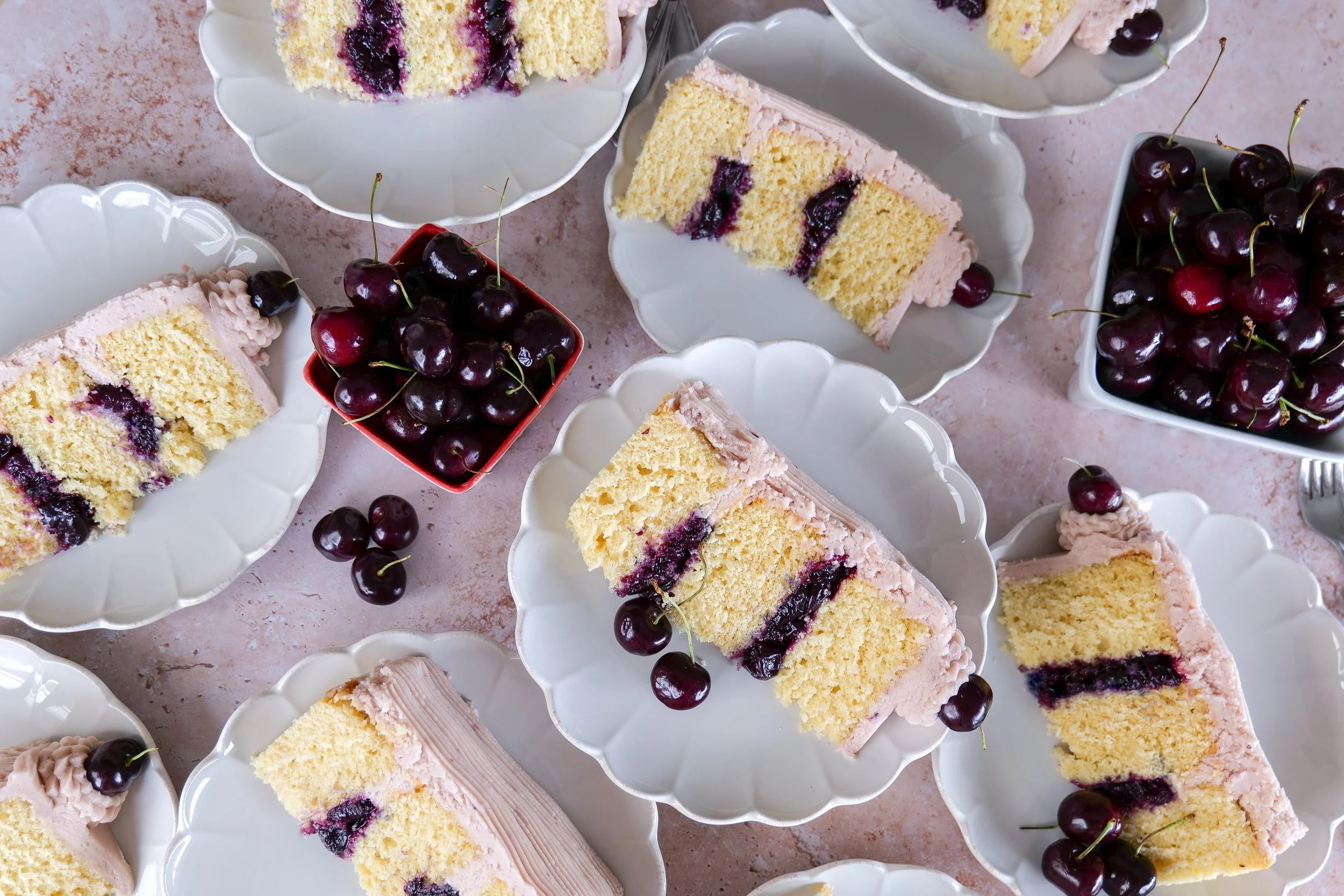 Beautiful summer cherry layer cake perfect for birthdays, holidays, and celebrations.