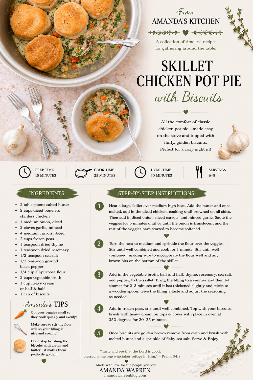 skillet chicken pot pie with biscuits recipe card