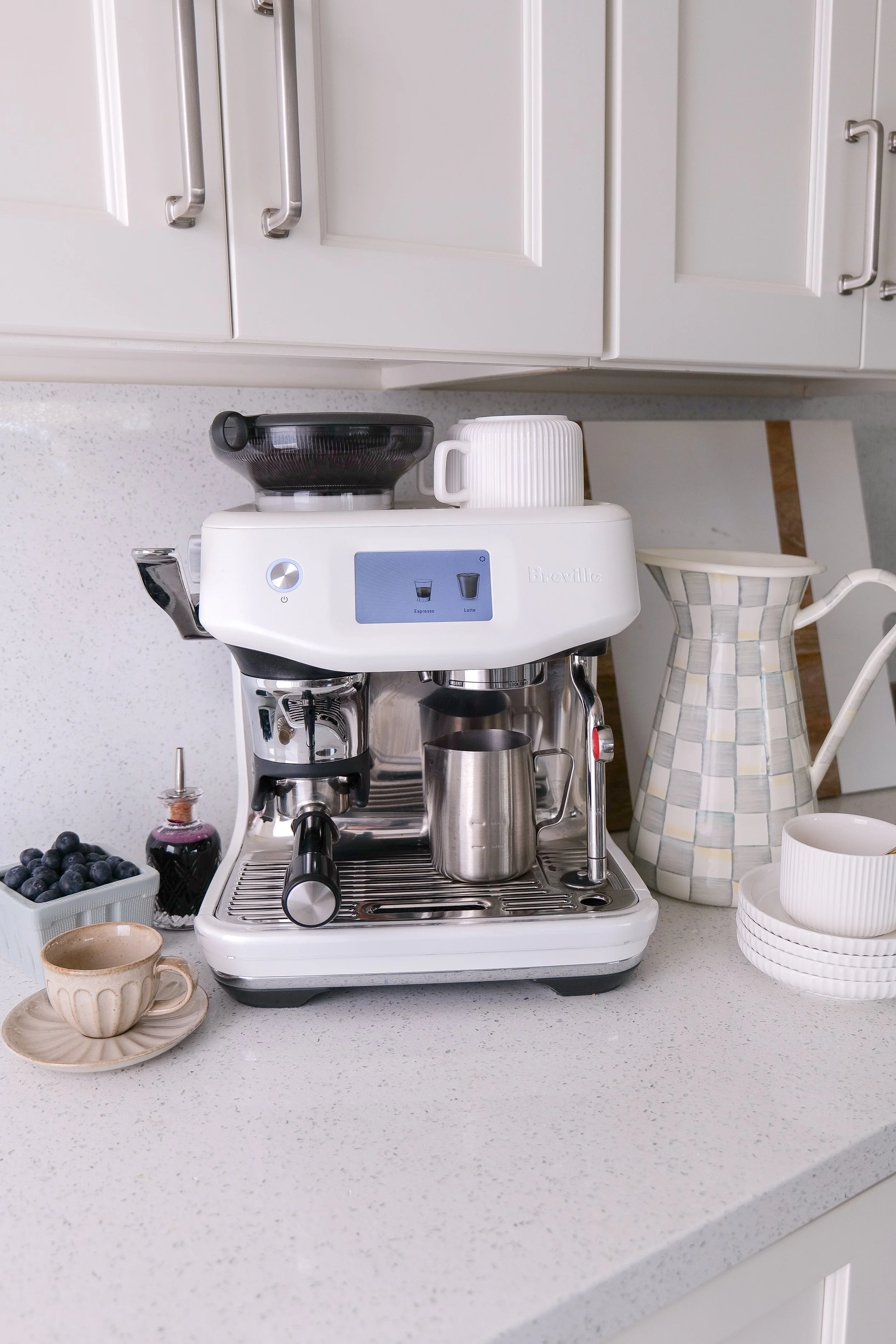 Creamy frothed milk prepared for an easy homemade Blueberry Muffin Latte recipe.