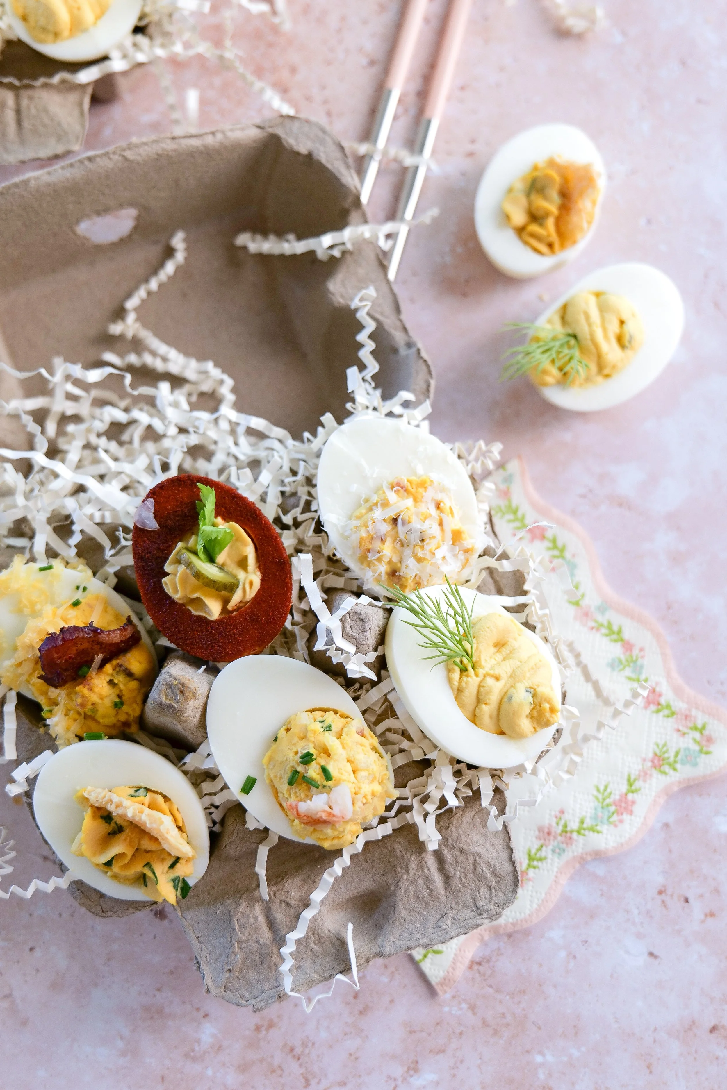 Deviled egg flight featuring six unique deviled egg flavors for Easter and entertaining