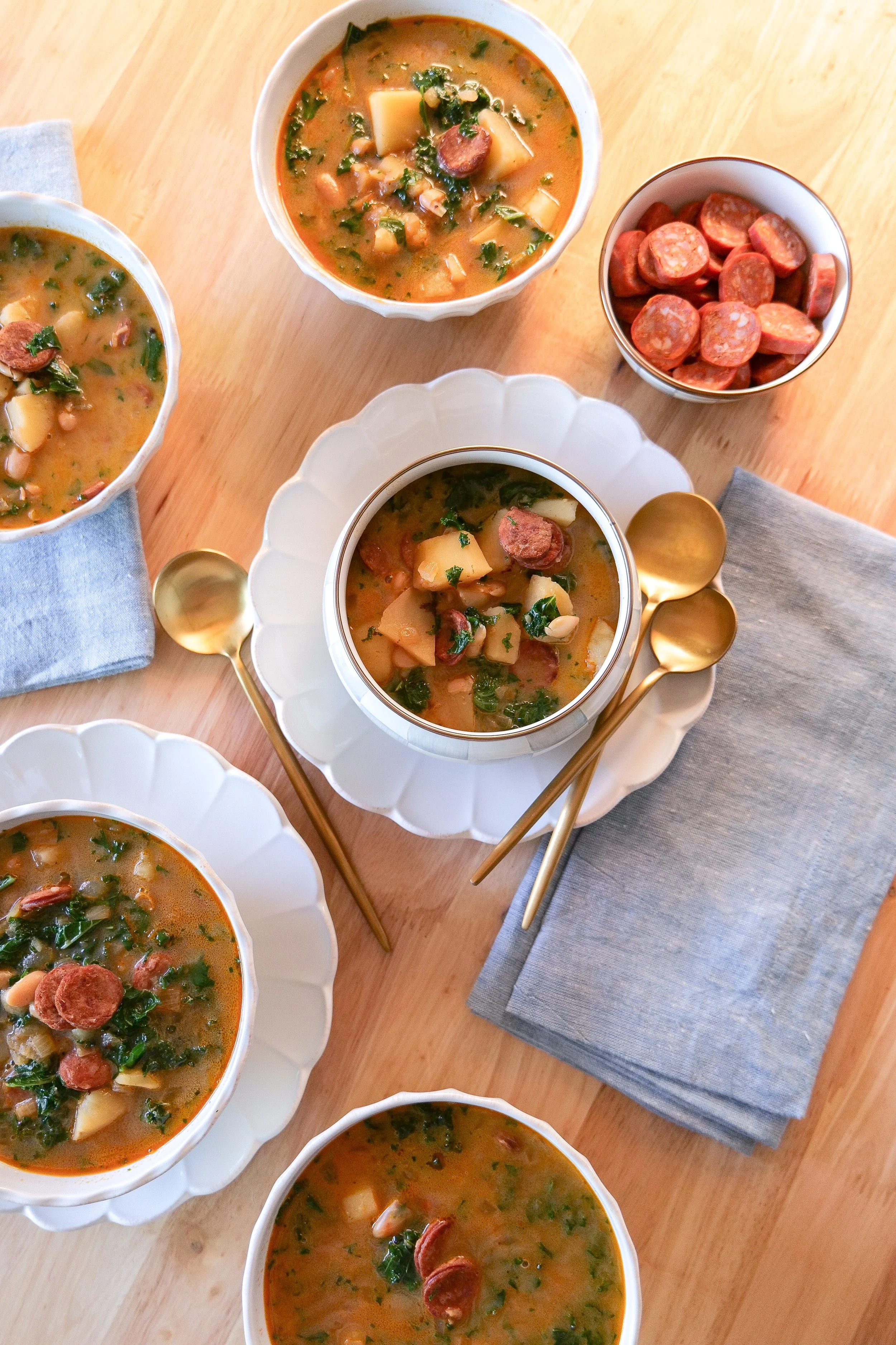 Portuguese kale soup with linguiça, Yukon Gold potatoes, white beans and chopped kale.