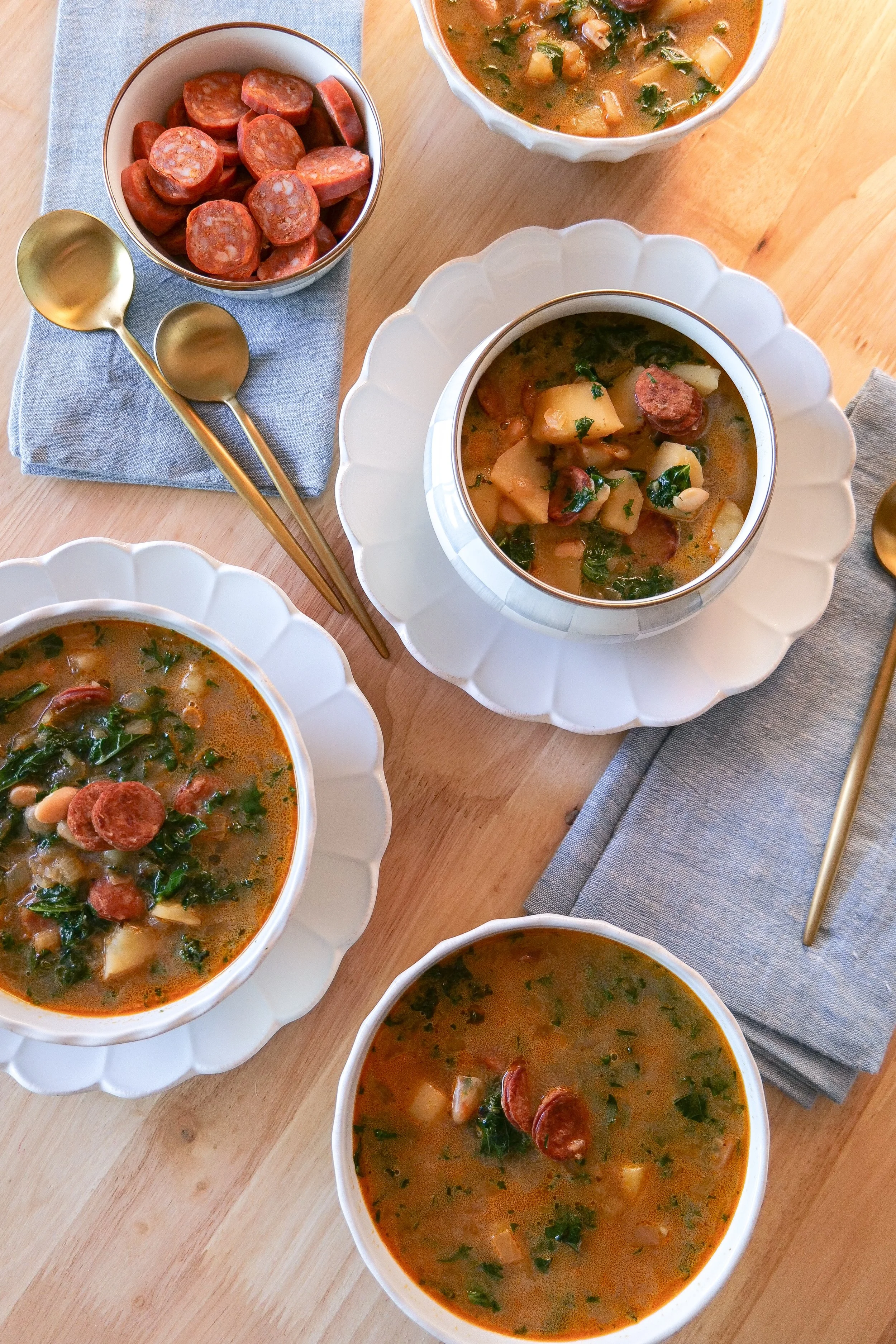 Portuguese kale and potato soup with smoky linguiça and white kidney beans.