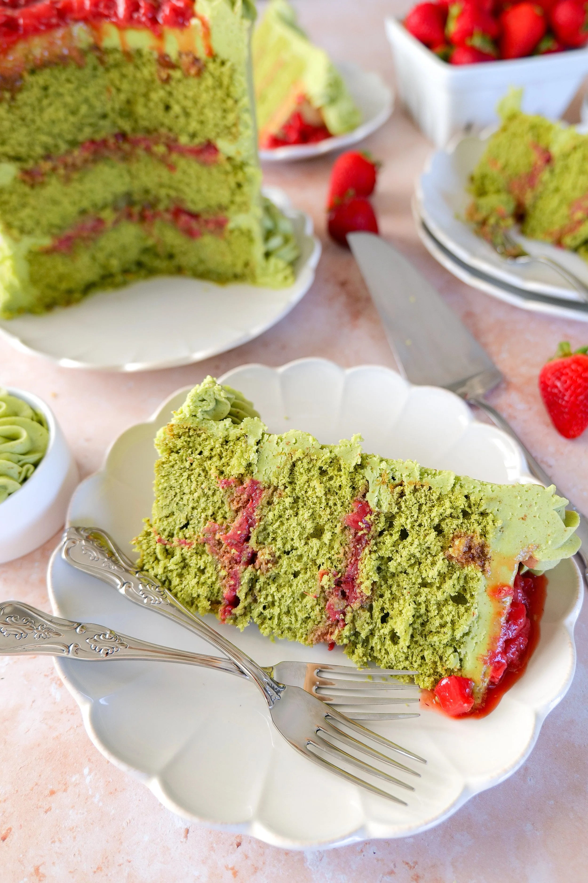 matcha strawberry cake with green tea sponge layers and fresh strawberry filling