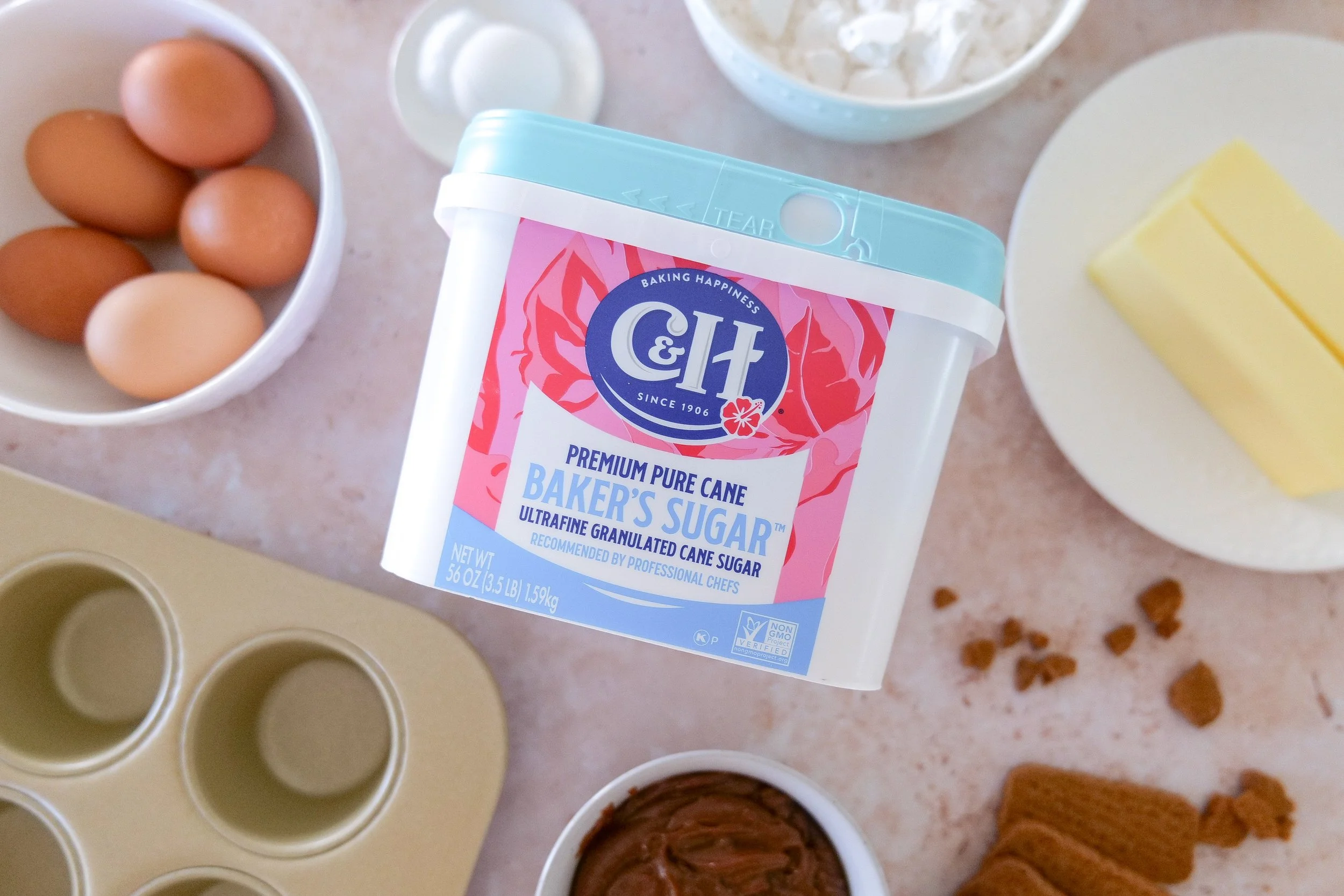 Ingredients for homemade cookie butter cupcakes with C&H Baker’s Sugar