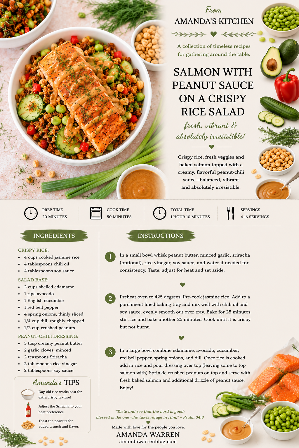 Printable From Amanda’s Kitchen recipe card for crispy rice salmon salad with peanut sauce.