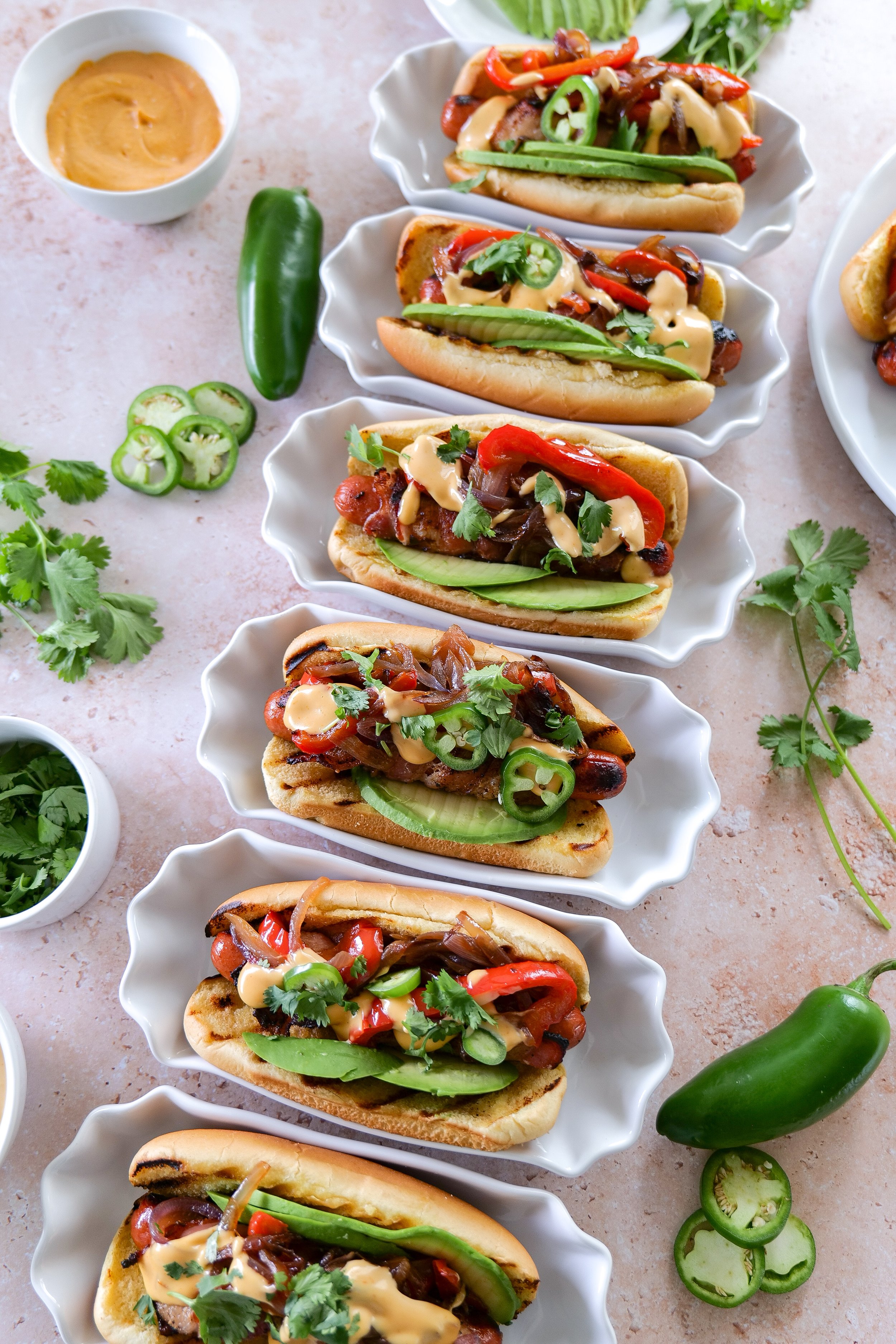 California-style bacon-wrapped hot dogs with classic toppings