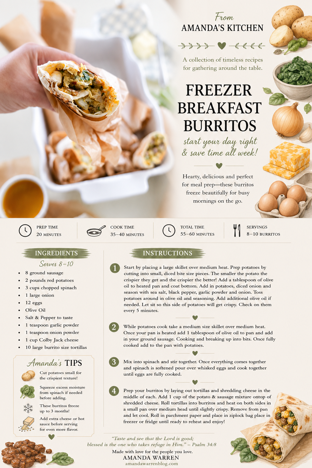 Printable From Amanda’s Kitchen recipe card for homemade freezer breakfast burritos with sausage, eggs, potatoes, spinach and cheese.