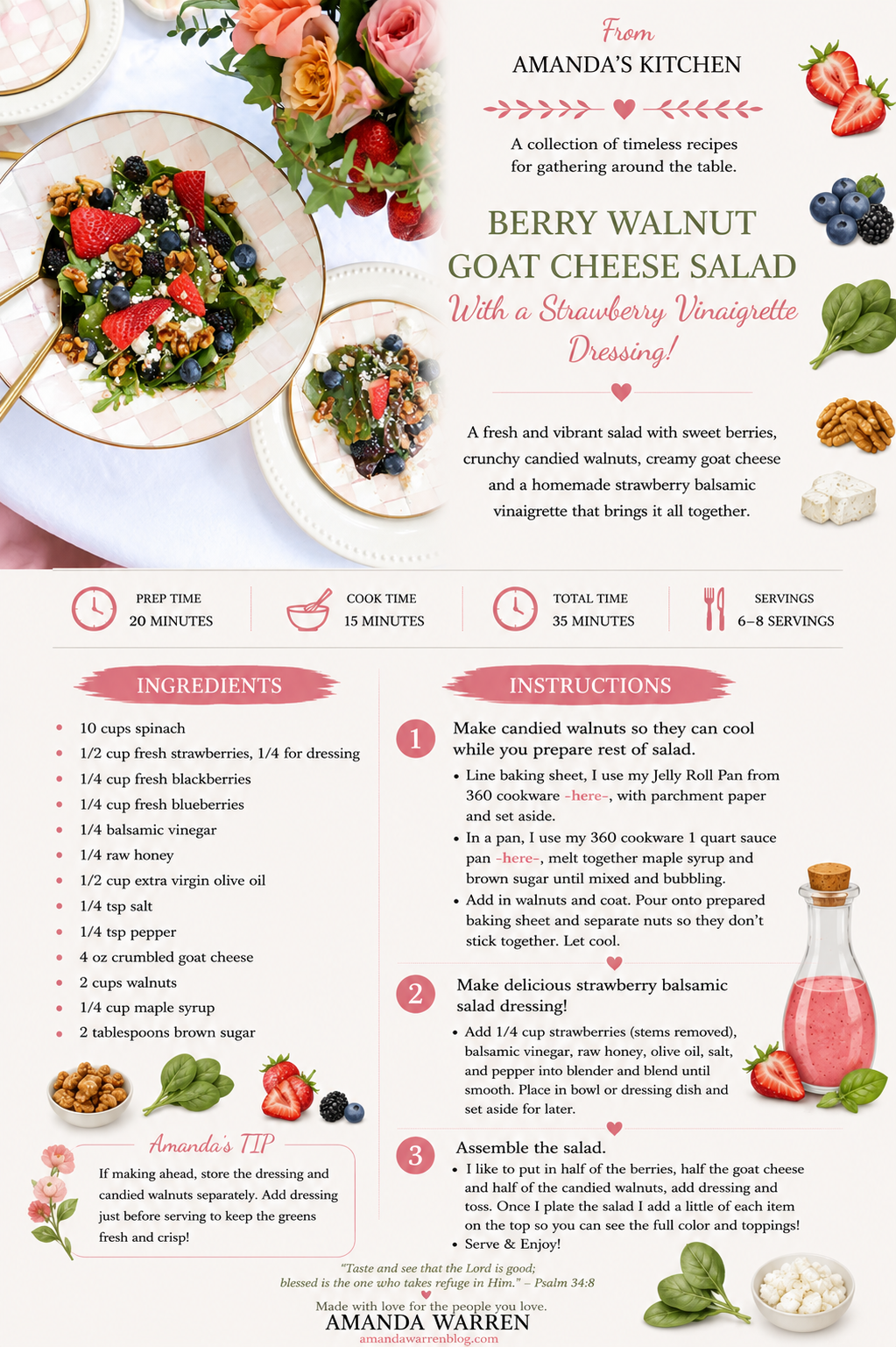 Printable Berry Goat Cheese Salad with Candied Walnuts and Strawberry Balsamic Vinaigrette recipe card.
