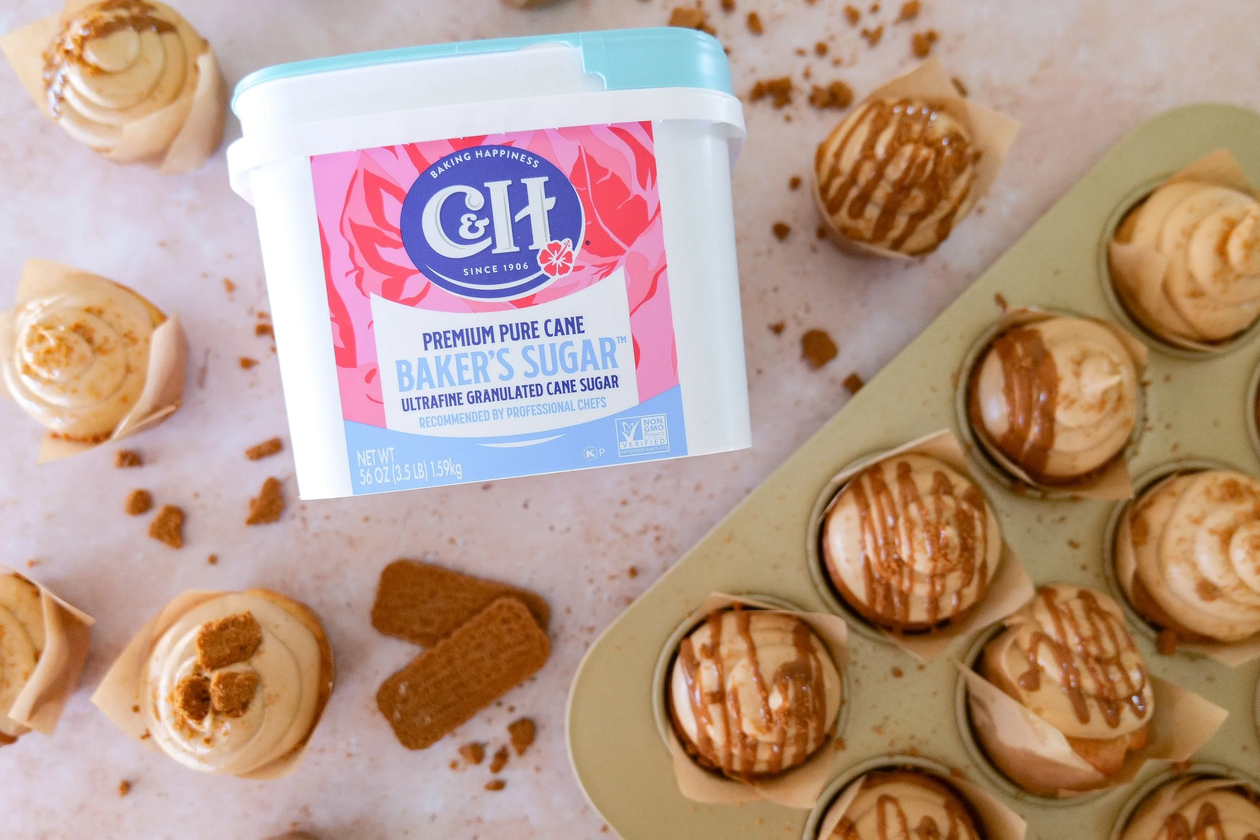 Close-up of a cookie butter cupcake with creamy cookie butter frosting
