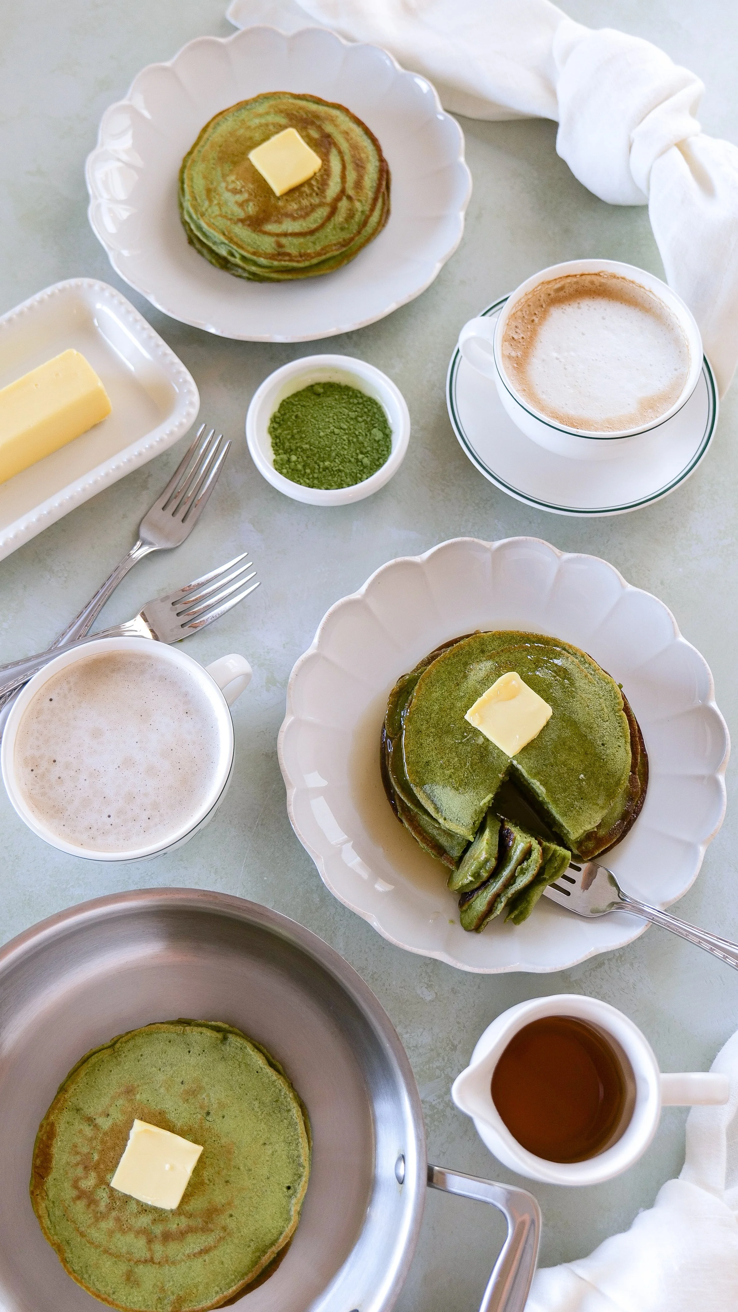 Fluffy matcha sourdough discard pancakes with coffee