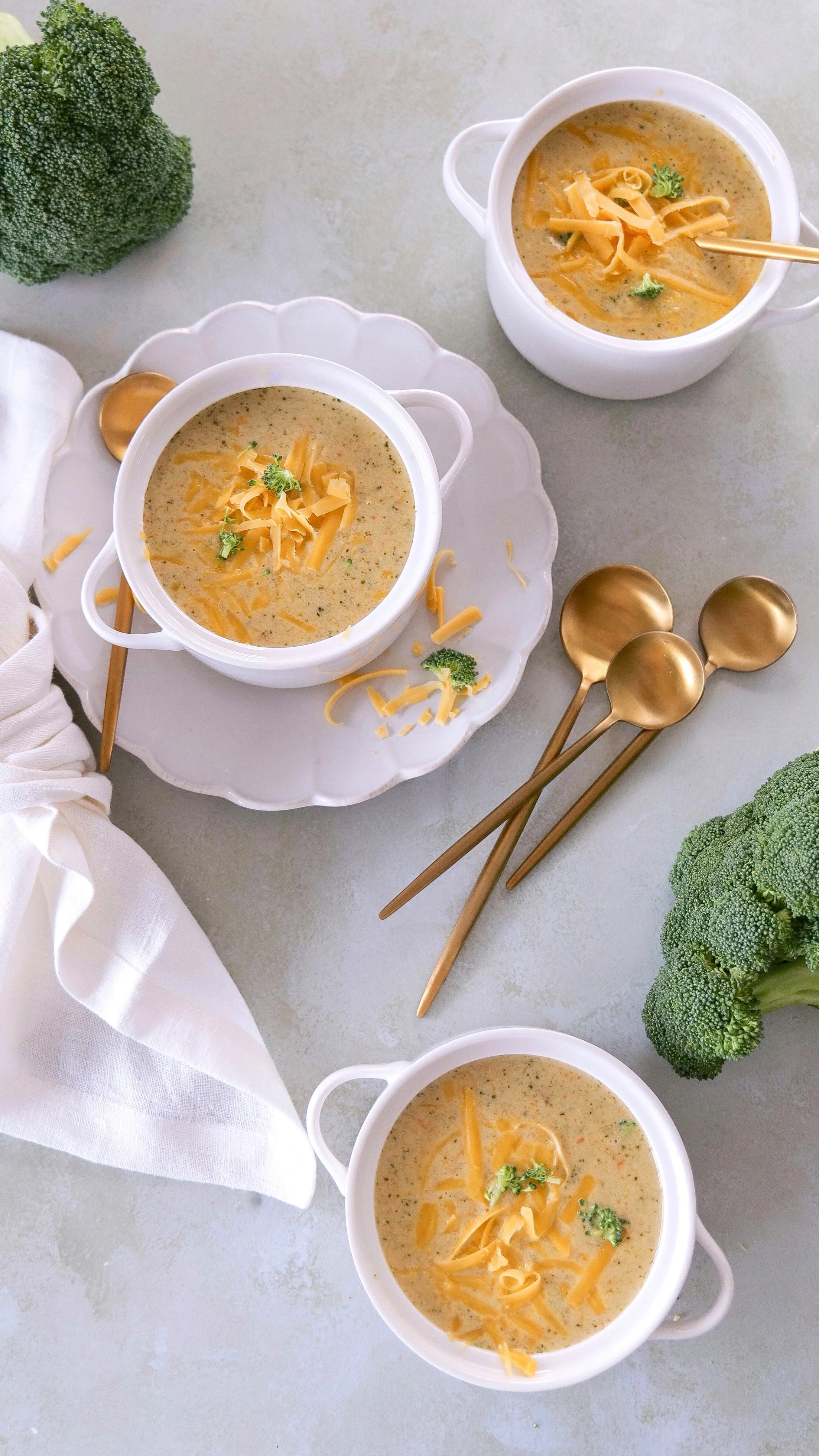 Creamy homemade broccoli cheddar soup with fresh broccoli, carrots and shredded cheddar cheese.