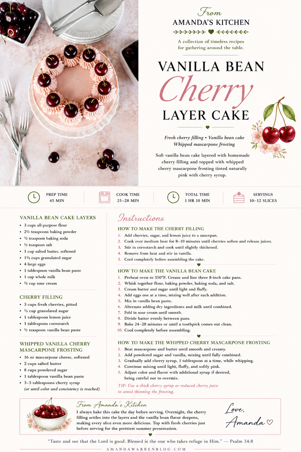 Printable recipe card for Vanilla Bean Cake with Cherry Filling featuring soft vanilla bean cake layers, homemade fresh cherry filling, and whipped vanilla cherry mascarpone frosting. An elegant summer layer cake recipe by Amanda Warren.