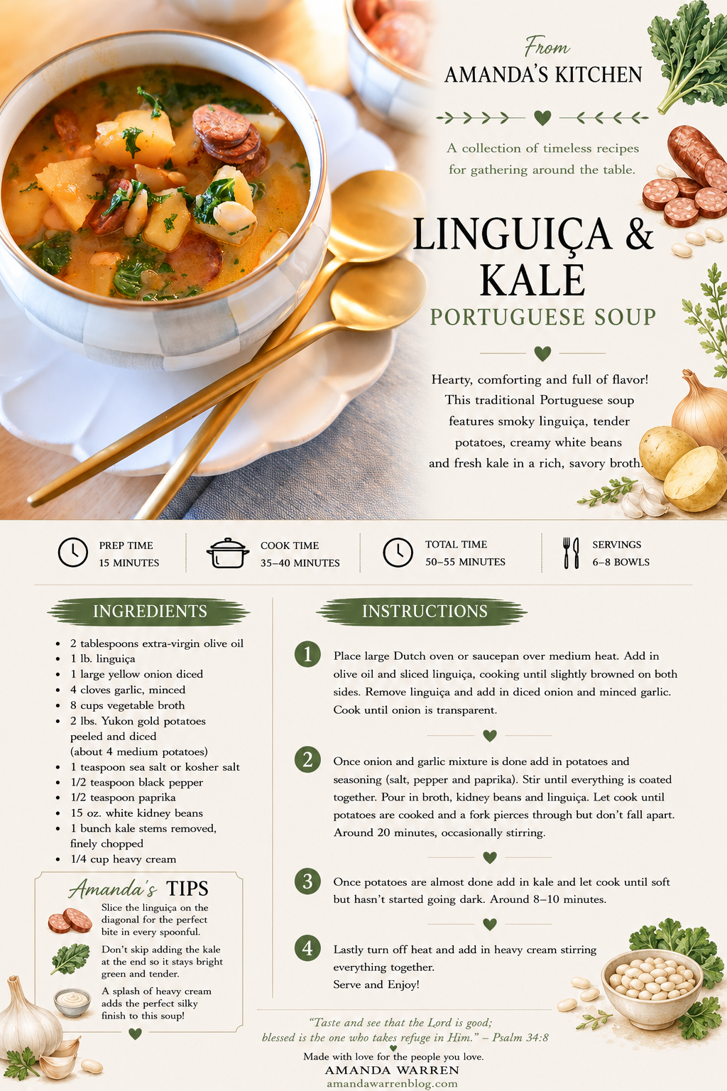 Printable Portuguese Kale Soup with Linguiça recipe card with potatoes, white beans and kale.