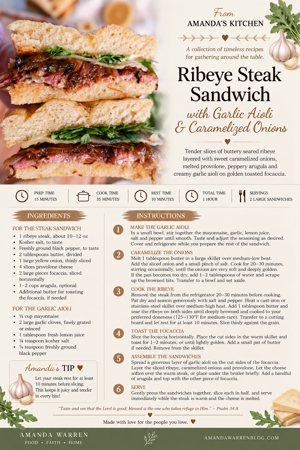 Steak Focaccia Sandwich with Garlic Aioli printable recipe card