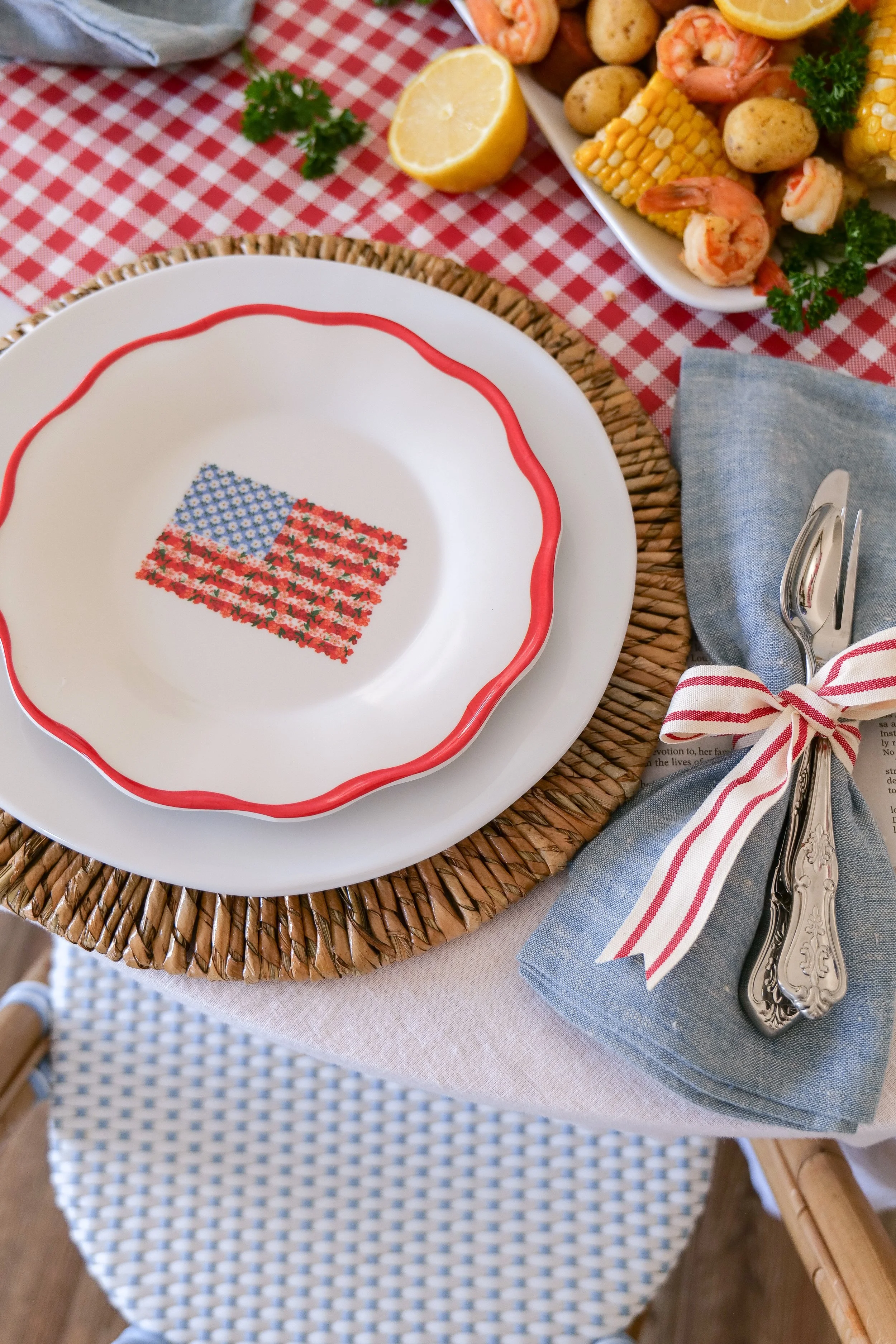 Americana-inspired Southern dinner party with festive red, white, and blue decor.